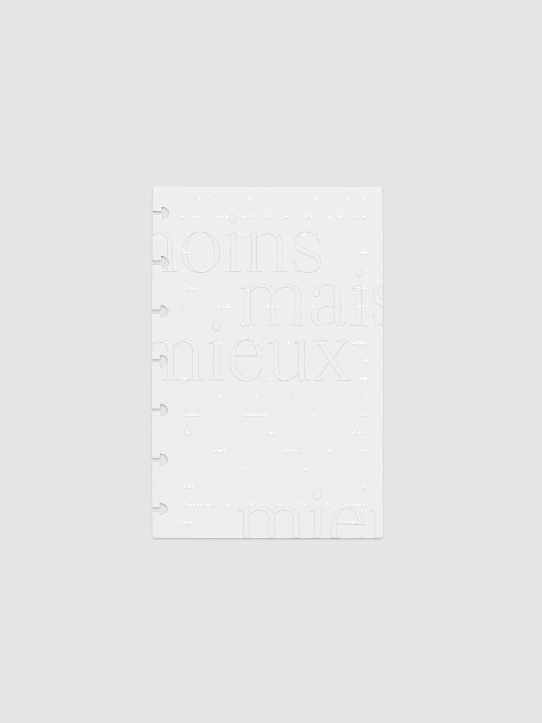 Essentialism Dashboard Duo reading "moins mai mieux" in size HP Mini.