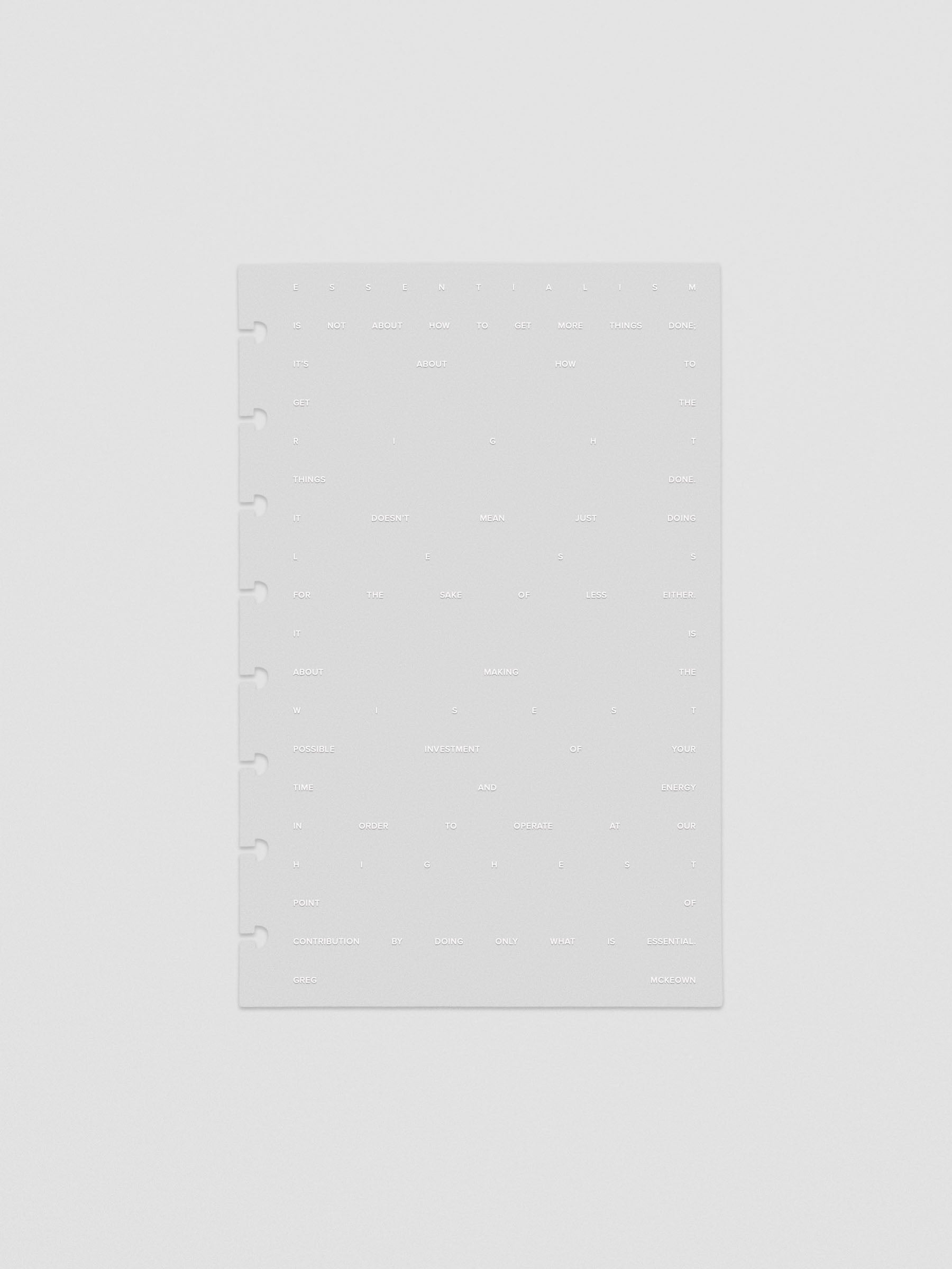 Essentialism Dashboard Duo reading "moins mai mieux" in size Half Letter; transparent layer only.