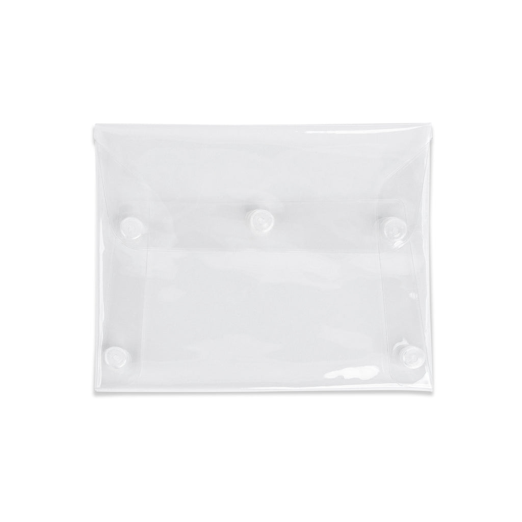 Empty clear pouch displayed tilted slightly to the left on a white background.