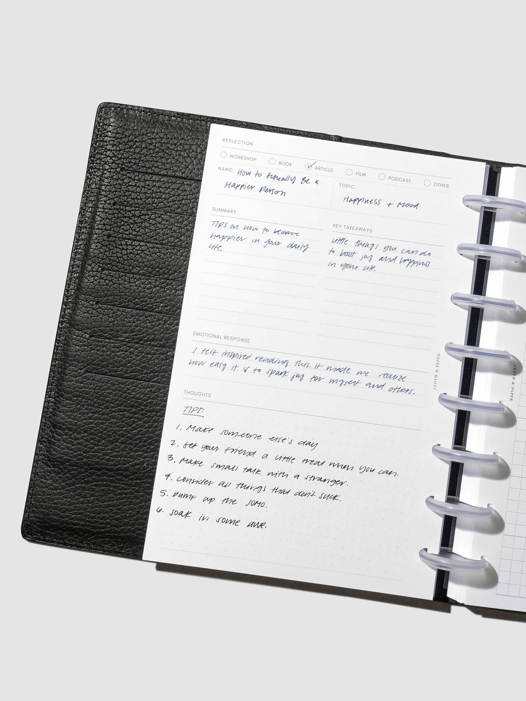Insert in use inside a discbound planner system. Size shown is Half Letter.