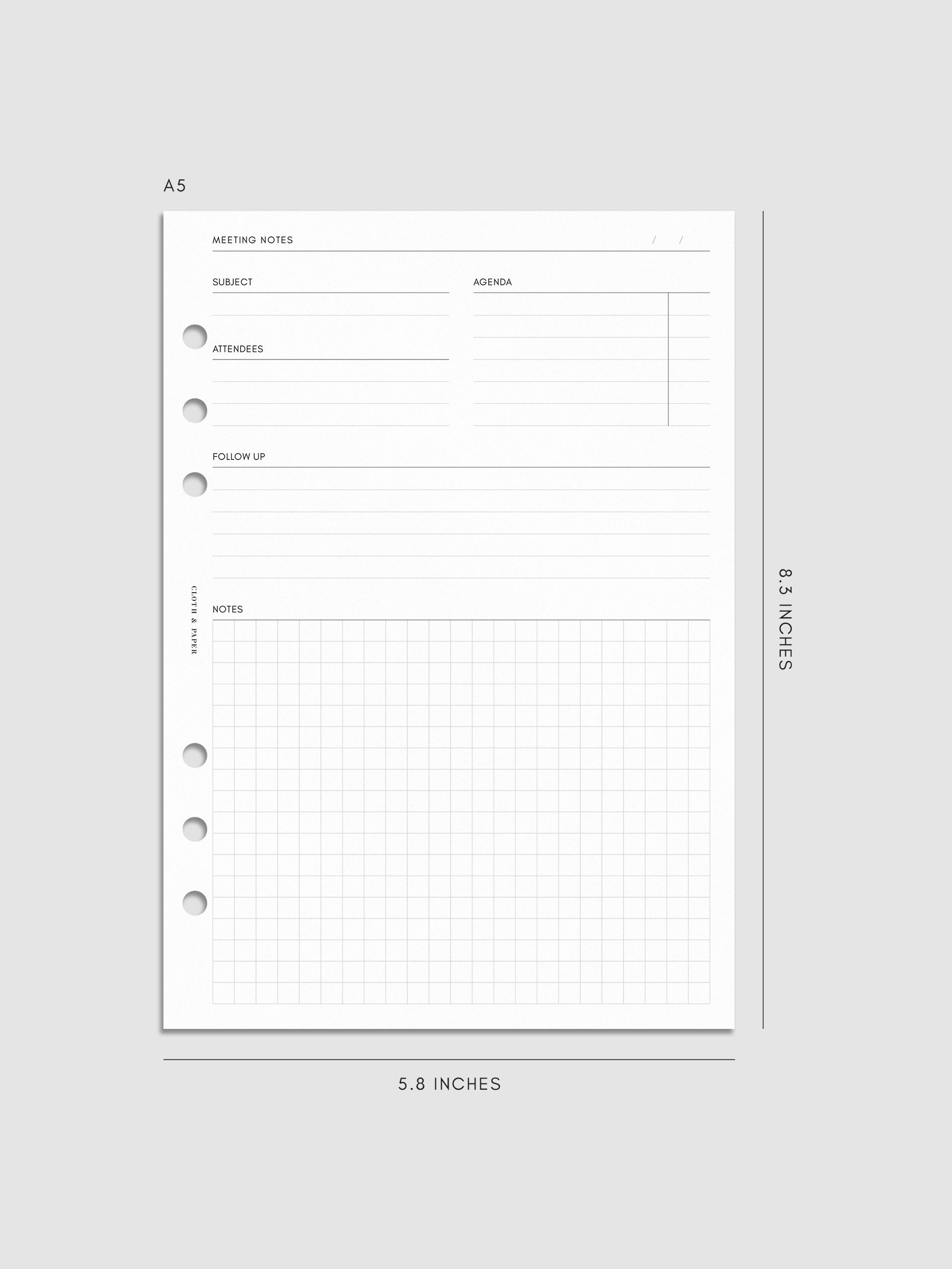 A5 meeting notes insert measuring 5.8 by 8.3 inches. The minimal layout features sections for subject, agenda, attendees, follow-up, and a gridded notes area with six-ring punches on the side.