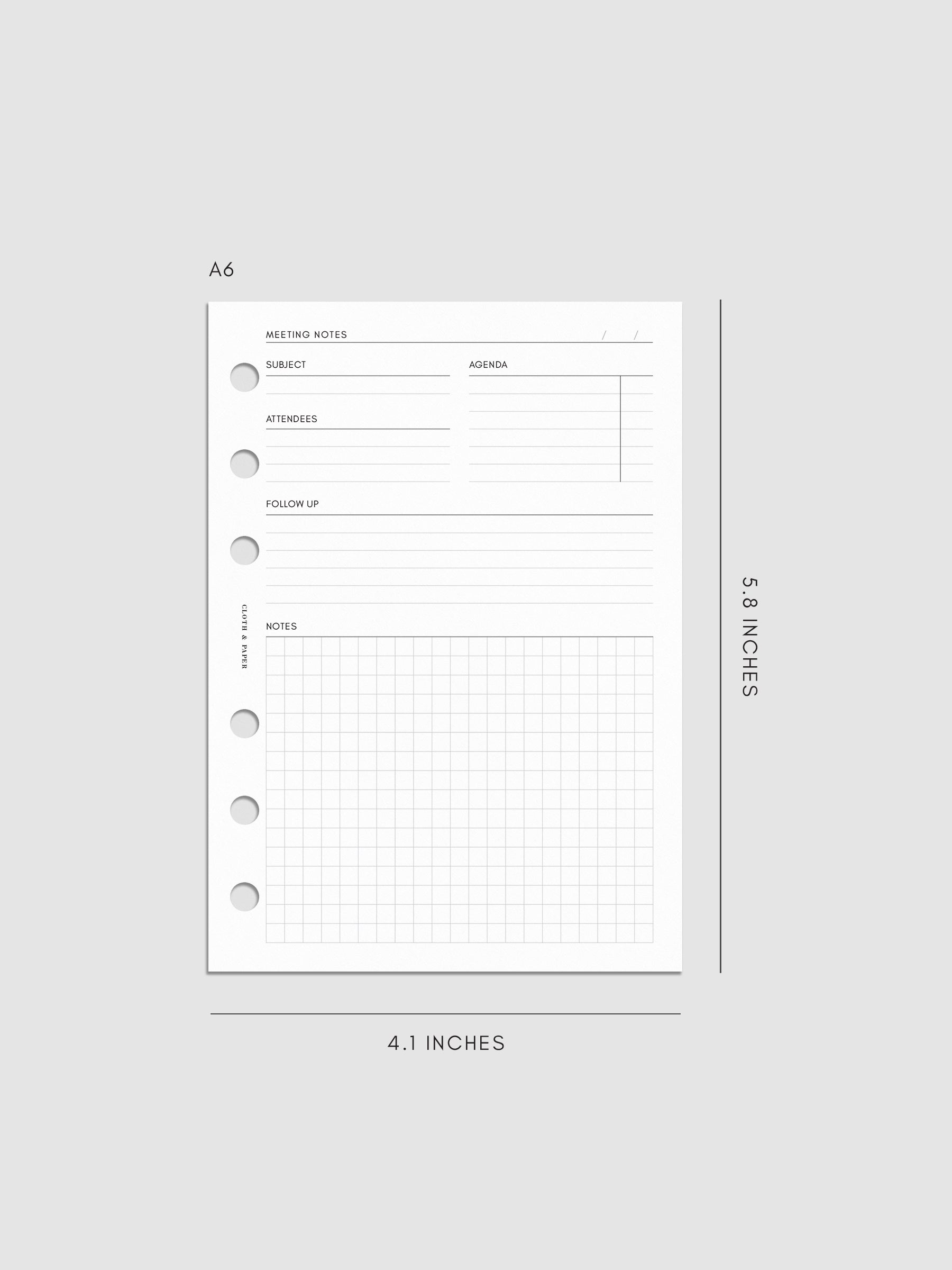 A6 size meeting notes insert measuring 4.1 by 5.8 inches. The minimal layout includes sections for subject, agenda, attendees, follow-up, and a gridded notes area with three ring punches on the side.
