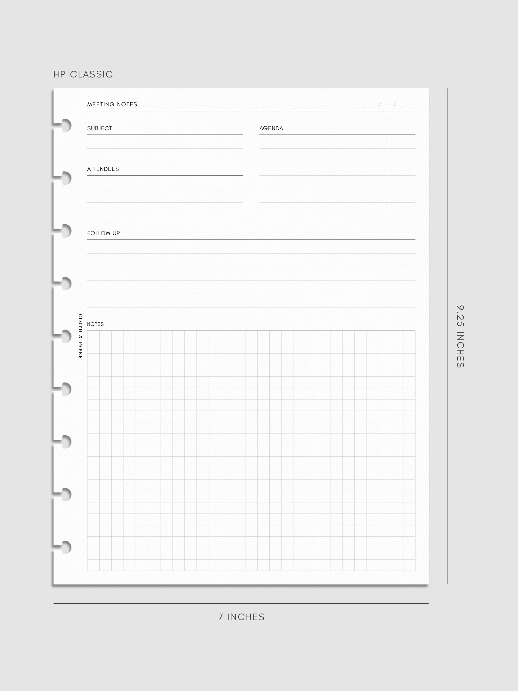 HP Classic meeting notes insert measuring 7 by 9.25 inches. The minimal design features sections for subject, agenda, attendees, follow-up, and a gridded notes area with disc-bound punches along the side.