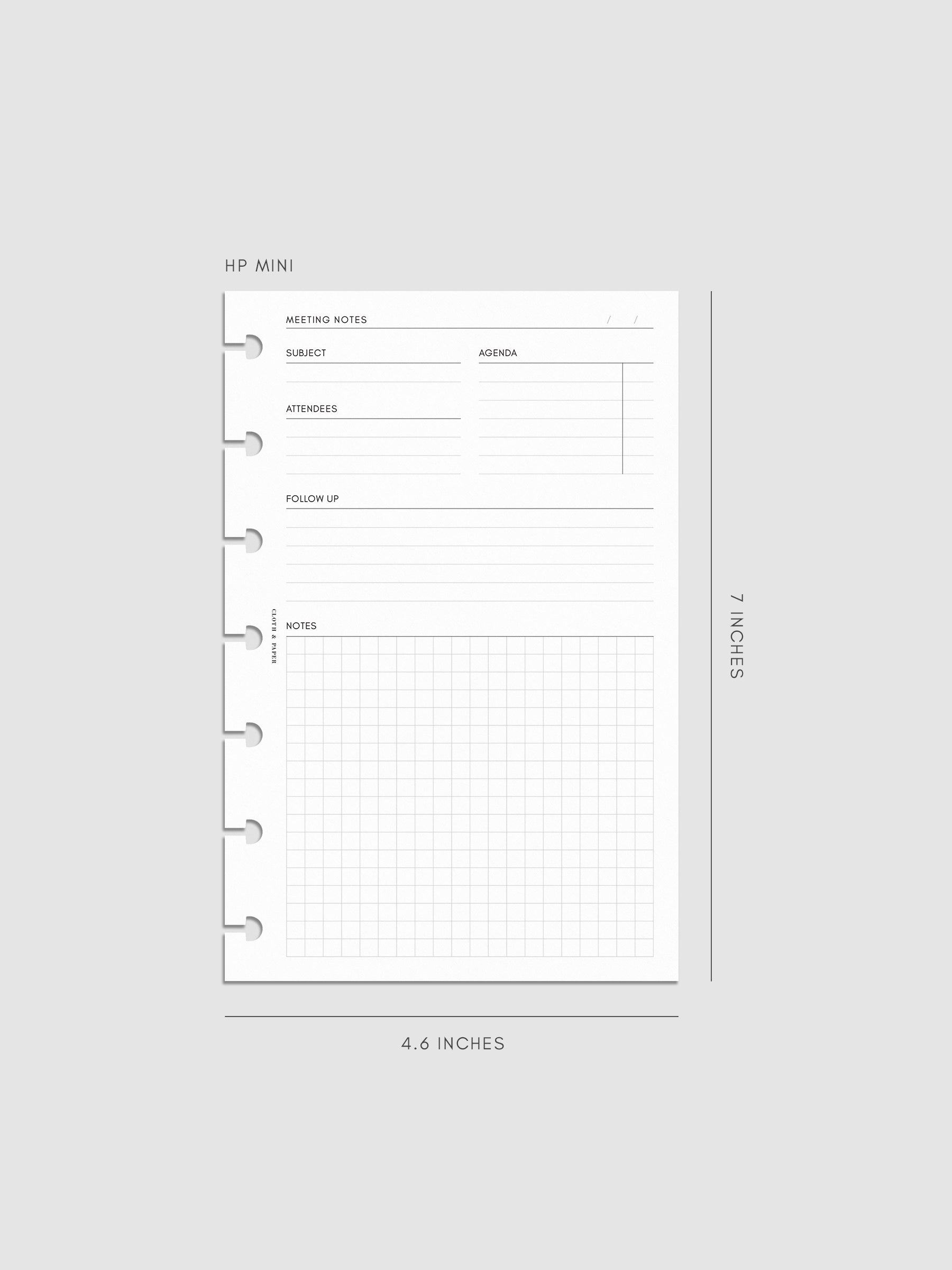 HP Mini meeting notes insert measuring 4.6 by 7 inches. The clean layout includes sections for subject, agenda, attendees, follow-up, and a gridded notes area with disc-bound punches on the side.