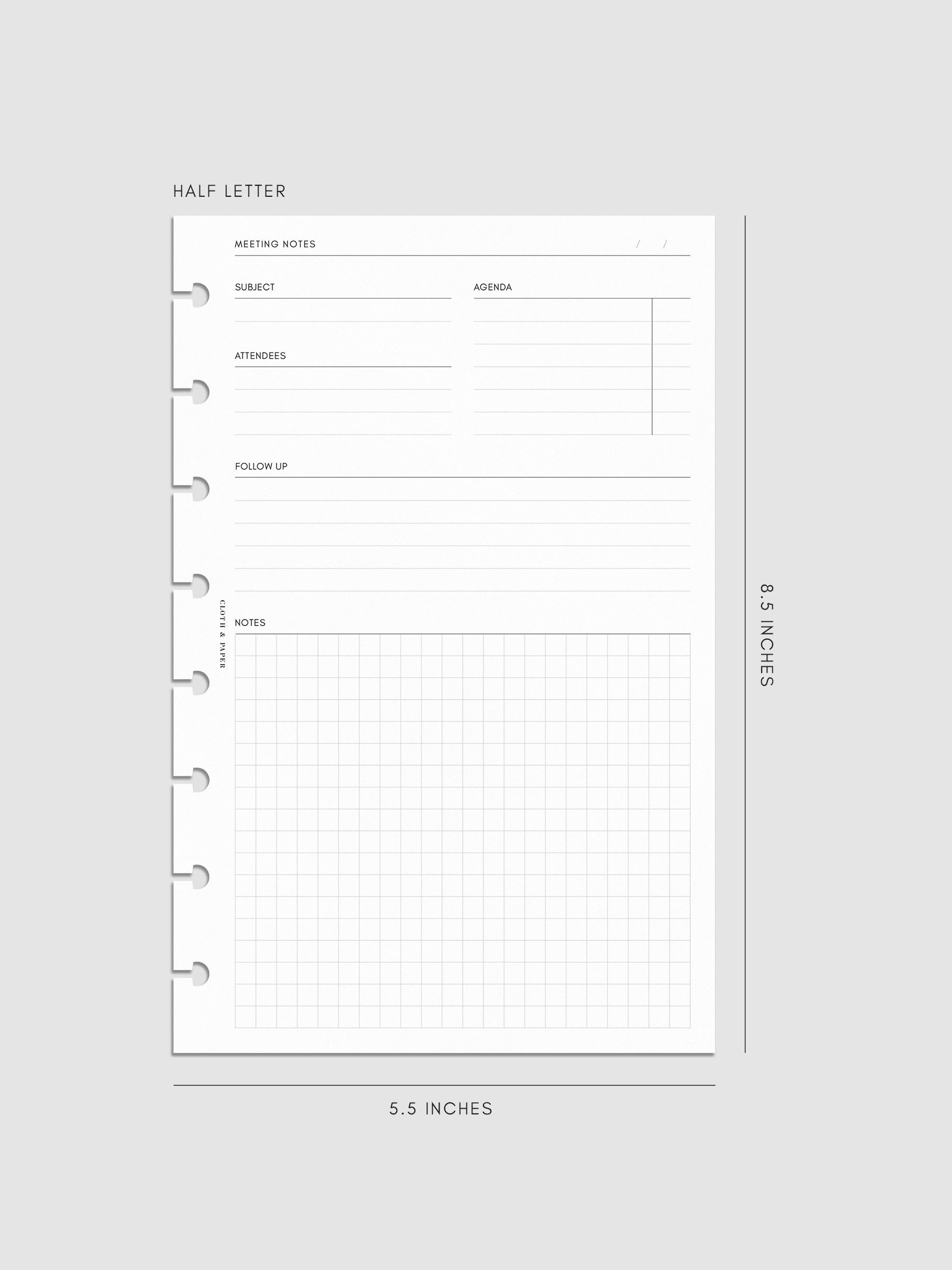 Half-letter meeting notes insert measuring 5.5 by 8.5 inches. The structured layout includes sections for subject, agenda, attendees, follow-up, and a gridded notes area with disc-bound punches along the side.