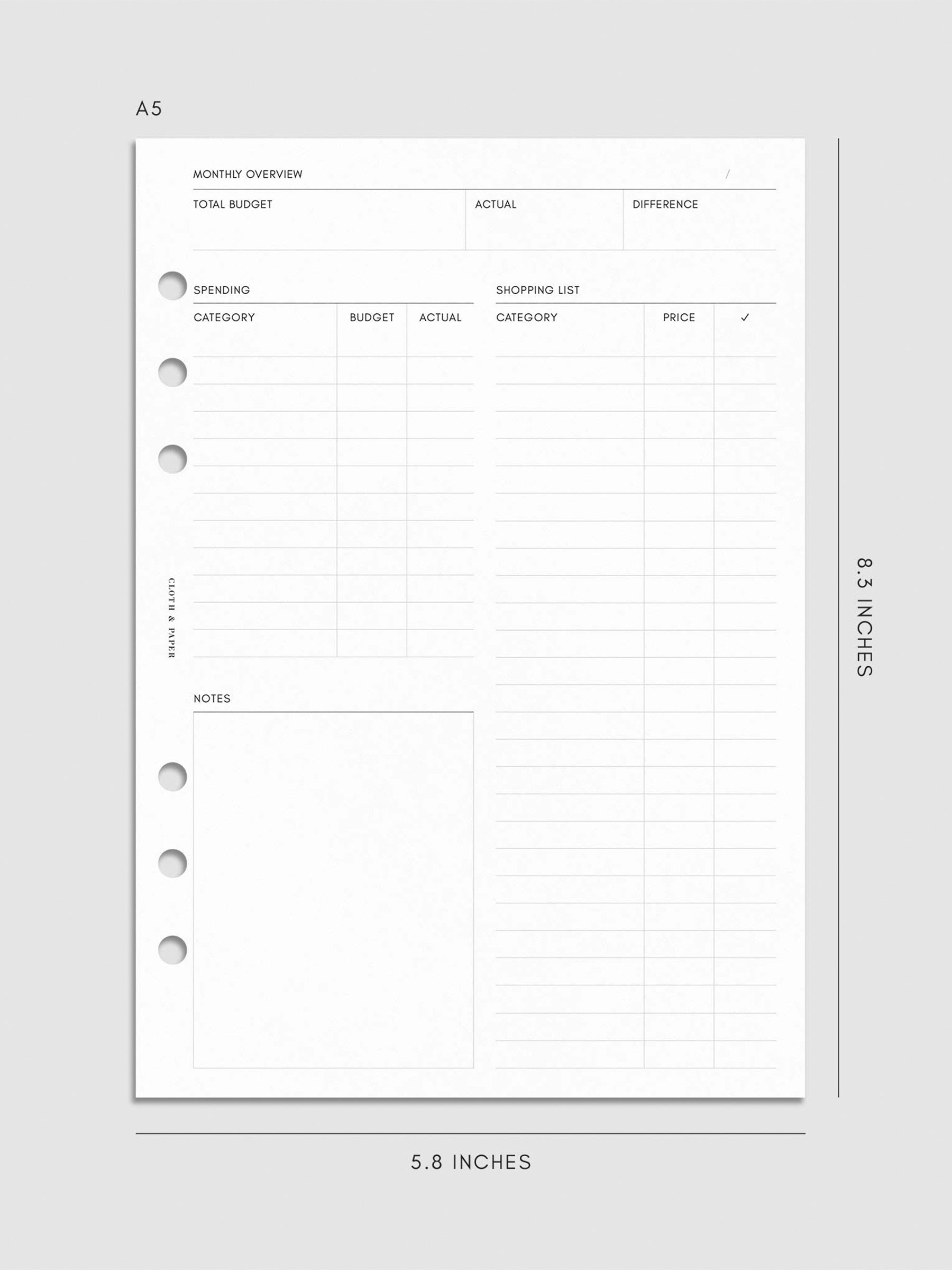 Digital mockup of the Financial Planning Insert | Second Edition showing sections for the monthly overview. Size shown is A5.