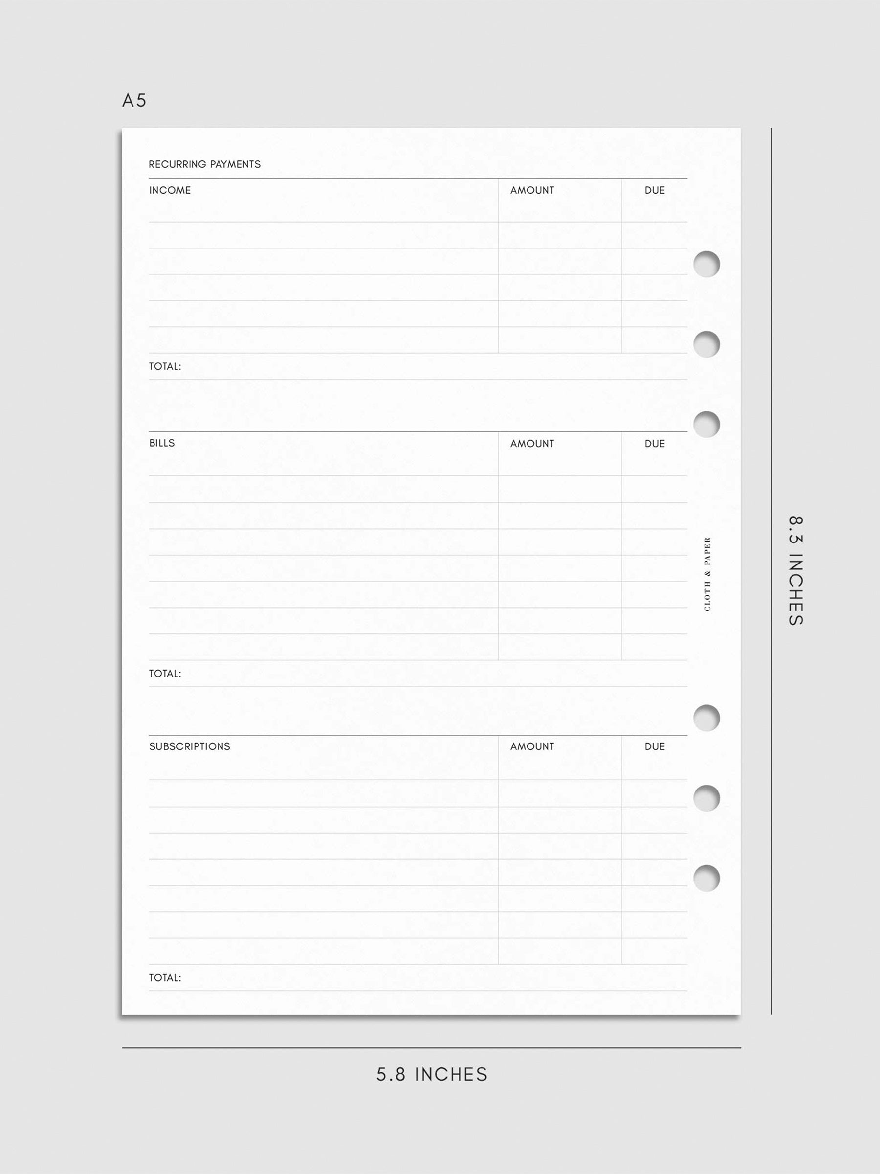Digital mockup of the Financial Planning Insert | Second Edition showing sections for recurring payments. Size shown is A5.
