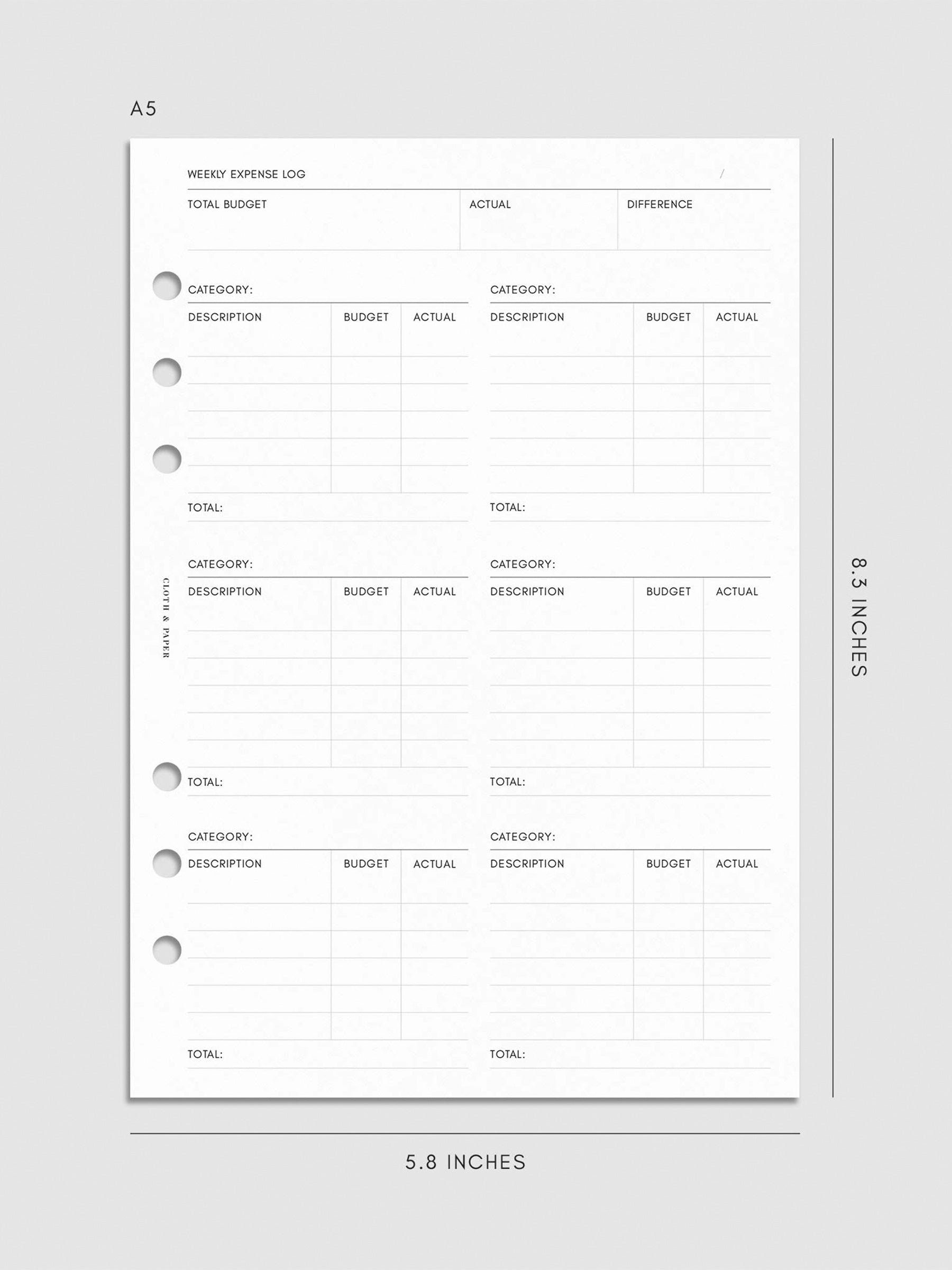 Digital mockup of the Financial Planning Insert | Second Edition with sections for the weekly expense log. Size shown is A5.