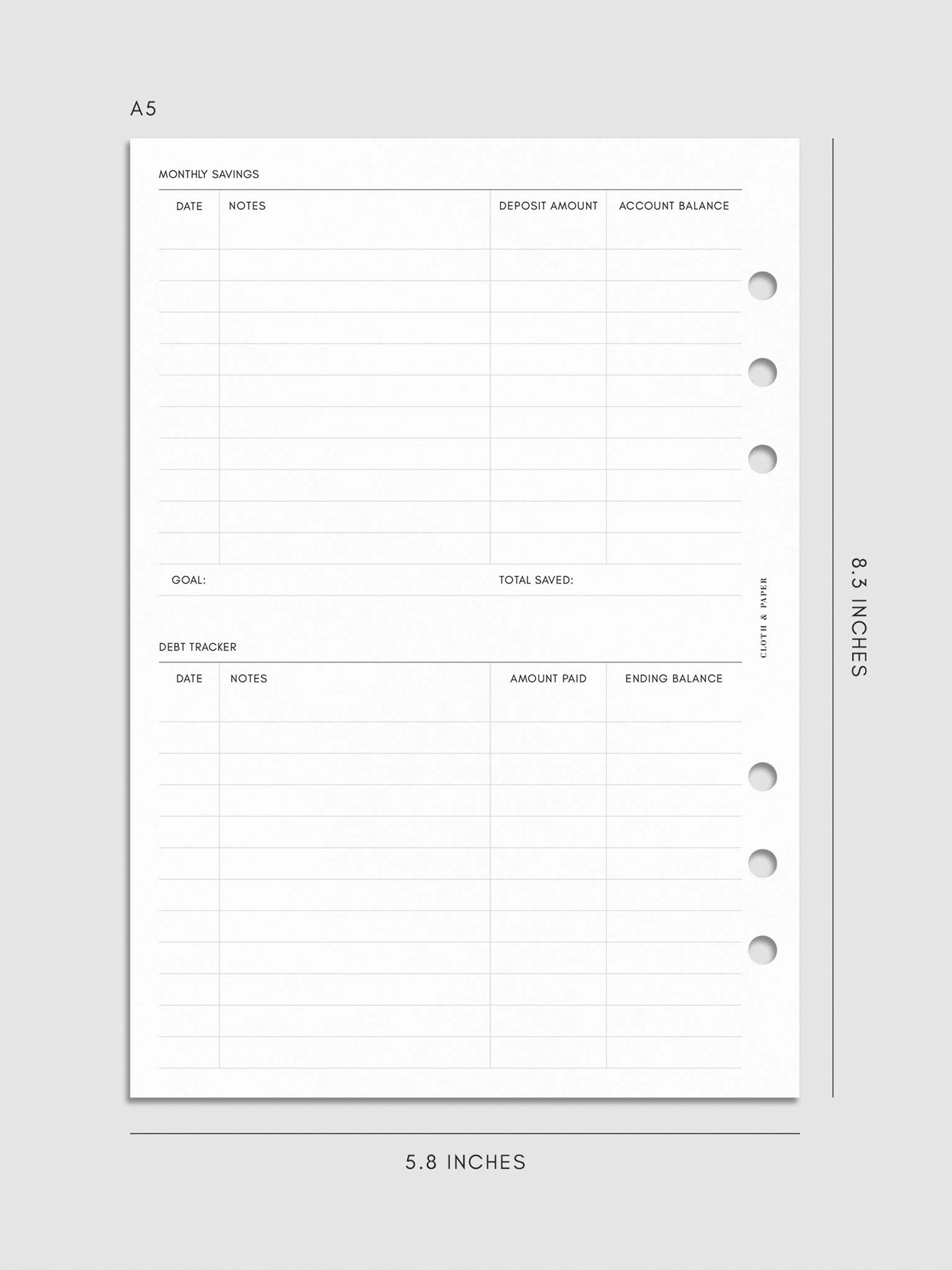 Digital mockup of the Financial Planning Insert | Second Edition with sections for the monthly savings. Size shown is A5.