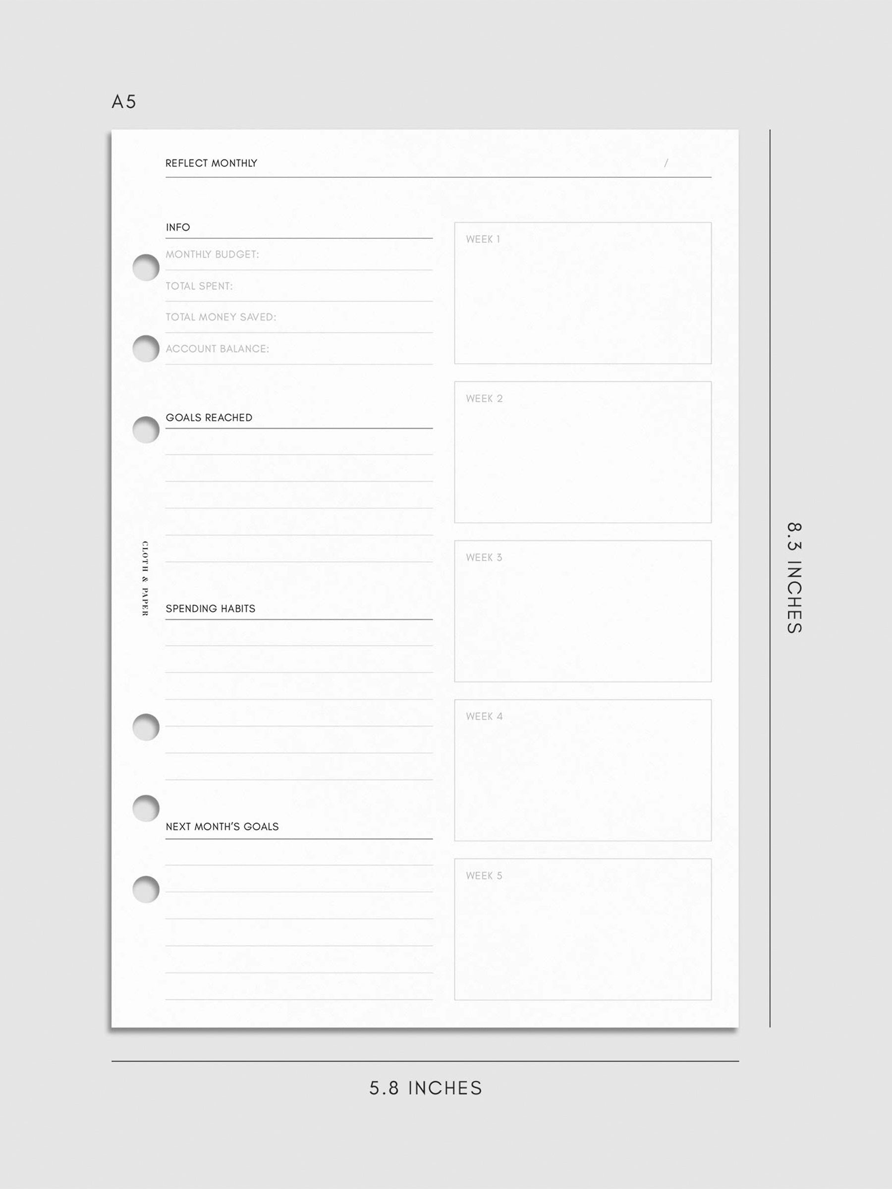 Digital mockup of the Financial Planning Insert | Second Edition with sections for the monthly reflection. Size shown is A5.