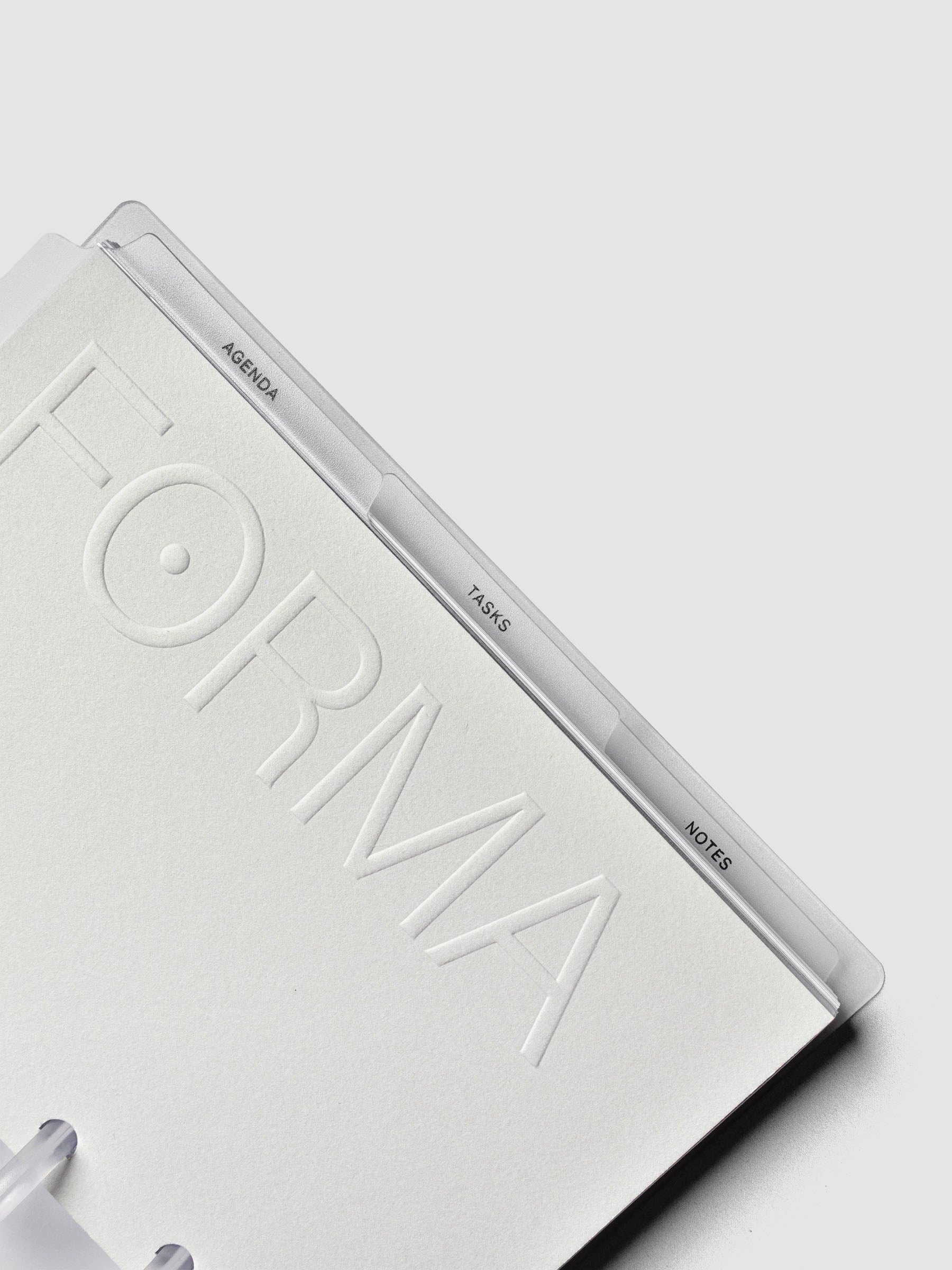 Open discbound planner with three clear side tab dividers labeled 'agenda', 'tasks', and 'notes'.