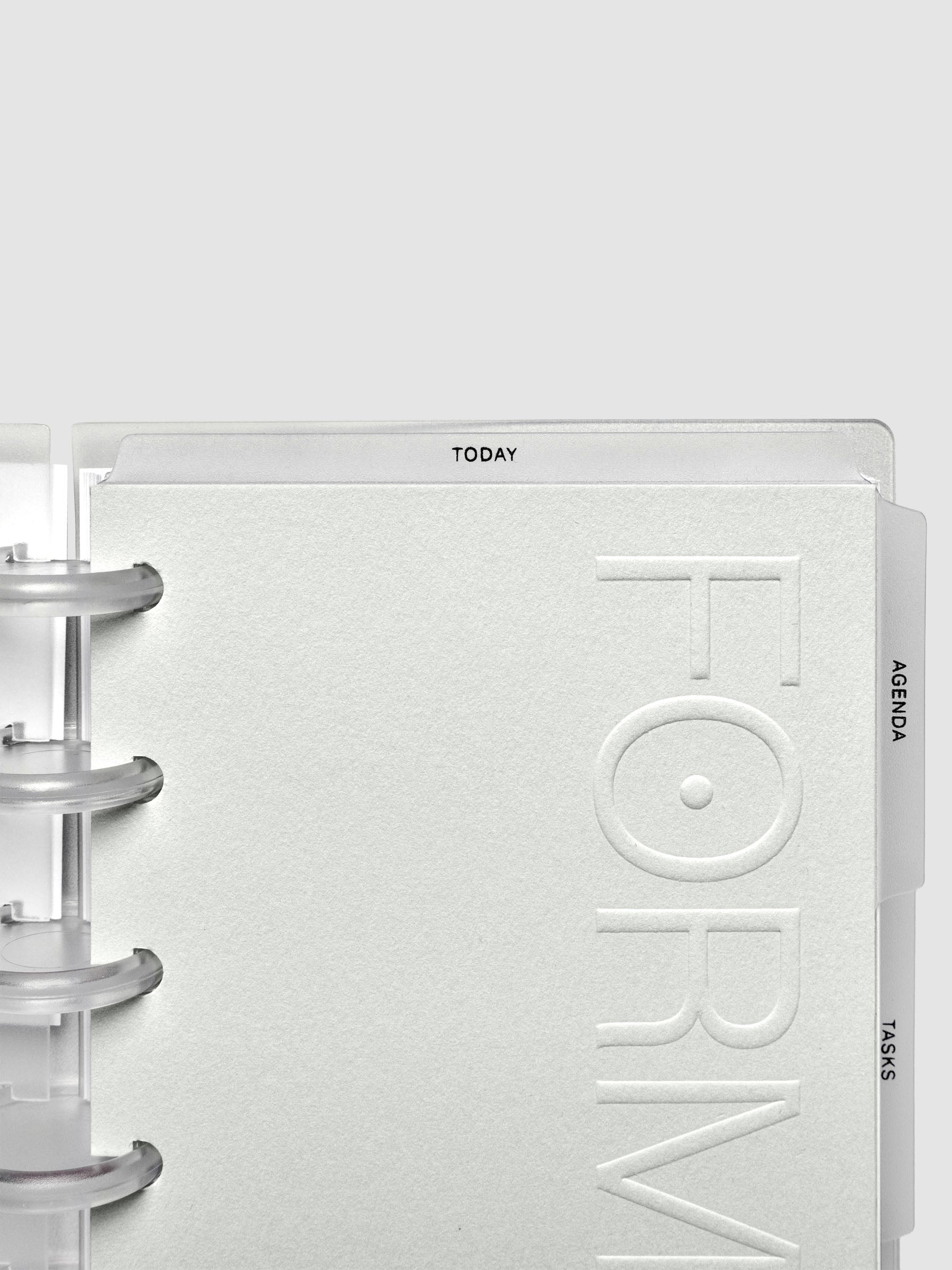 Open discbound planner showing a top tab divider labeled 'today'.