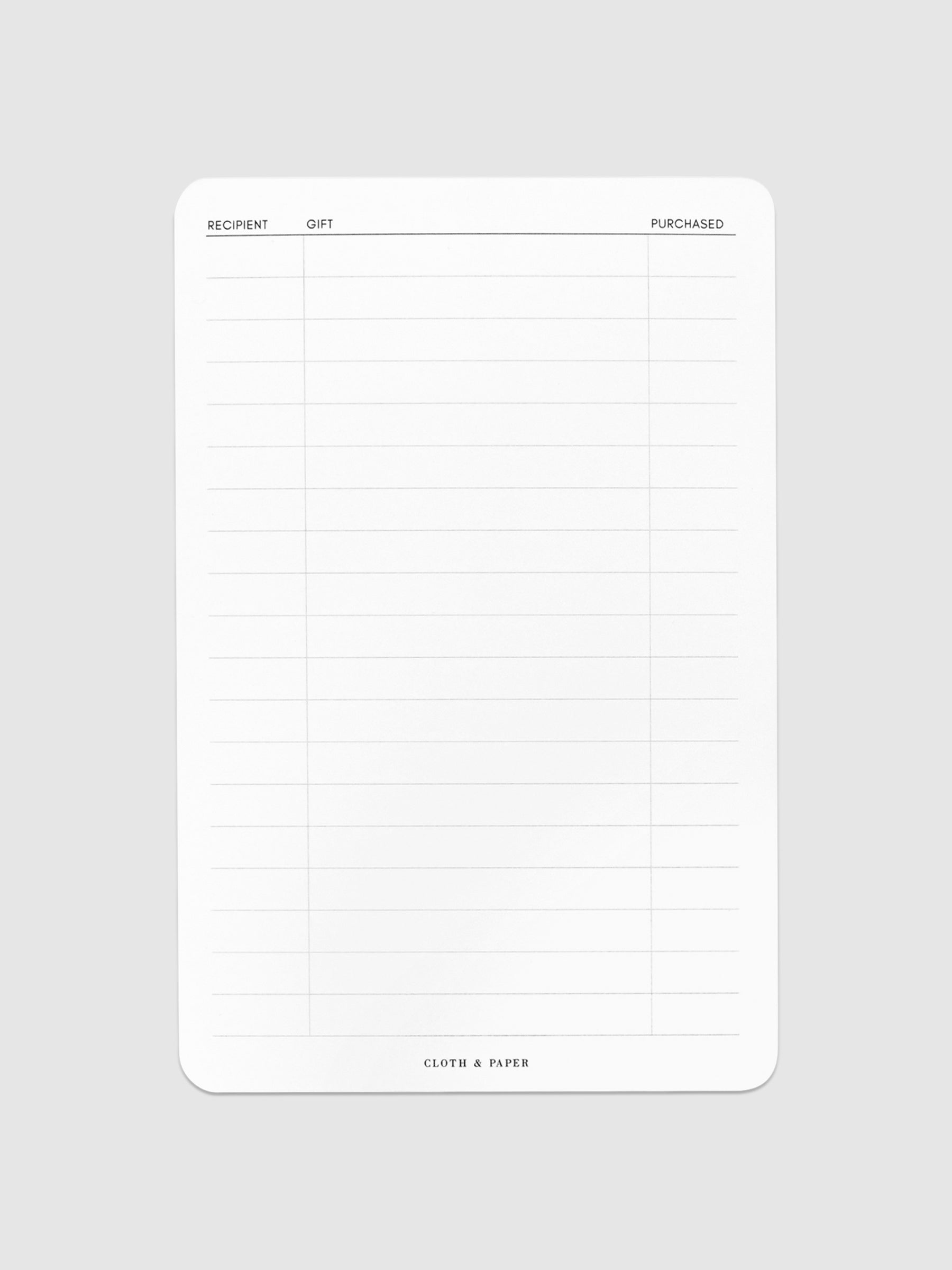 Gift List Notepad, Cloth and Paper. Notepad against a neutral background.
