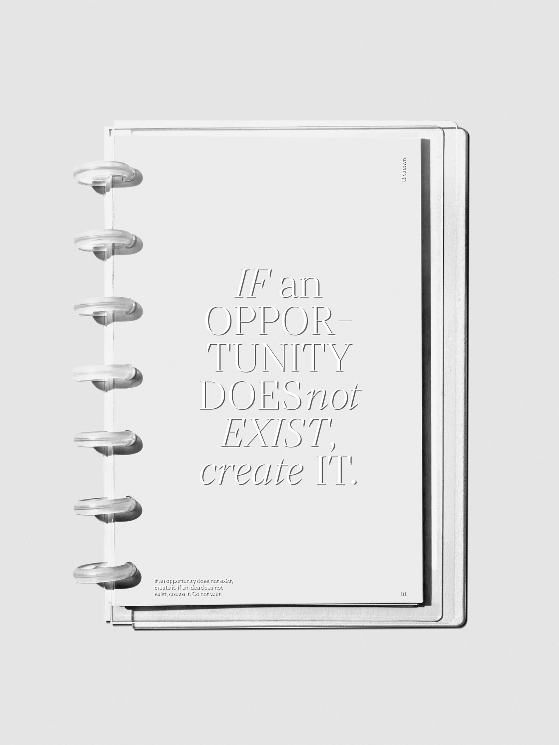 Crystal Clear Discbound Notebook Cover "Opportunity" in use with clear rings.