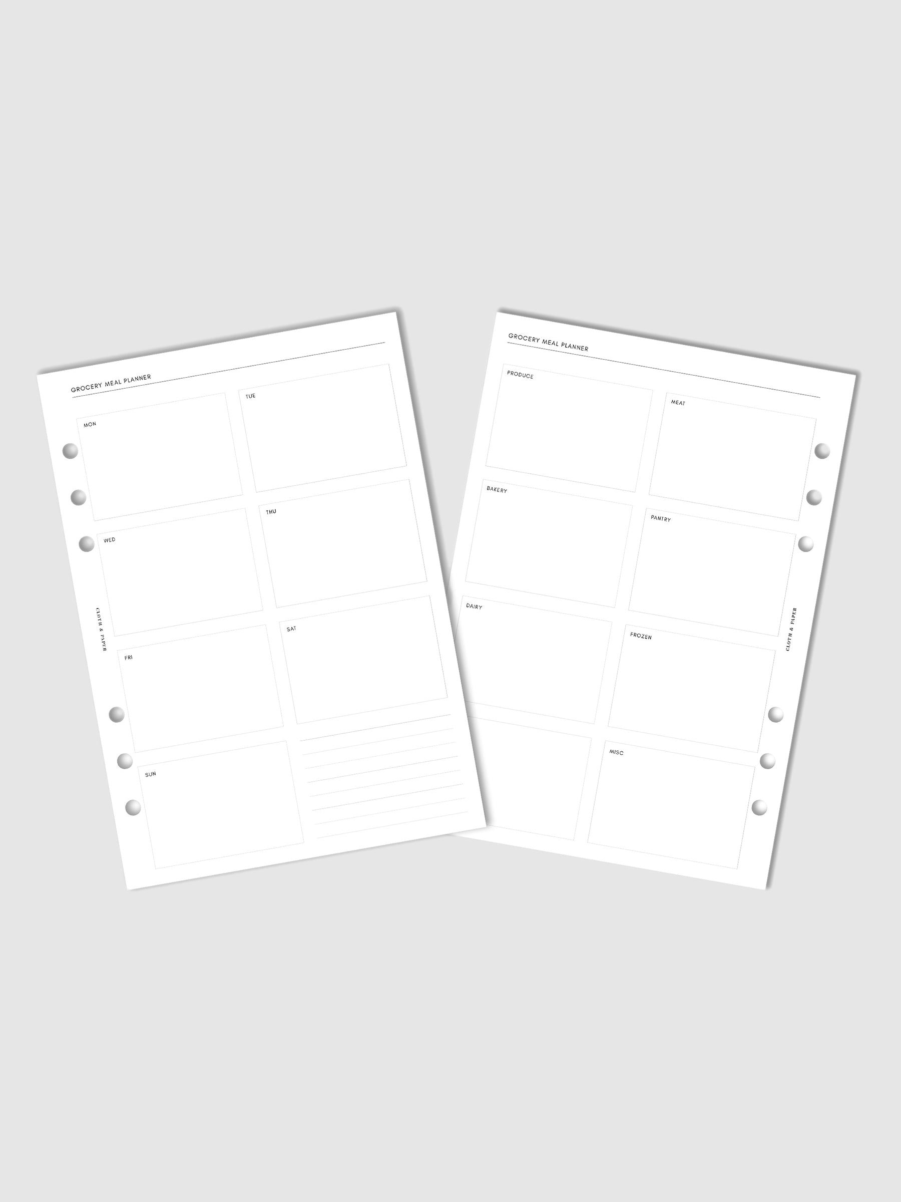 Grocery Meal Planner Inserts, Cloth and Paper. Digital mockup of insert in A5.