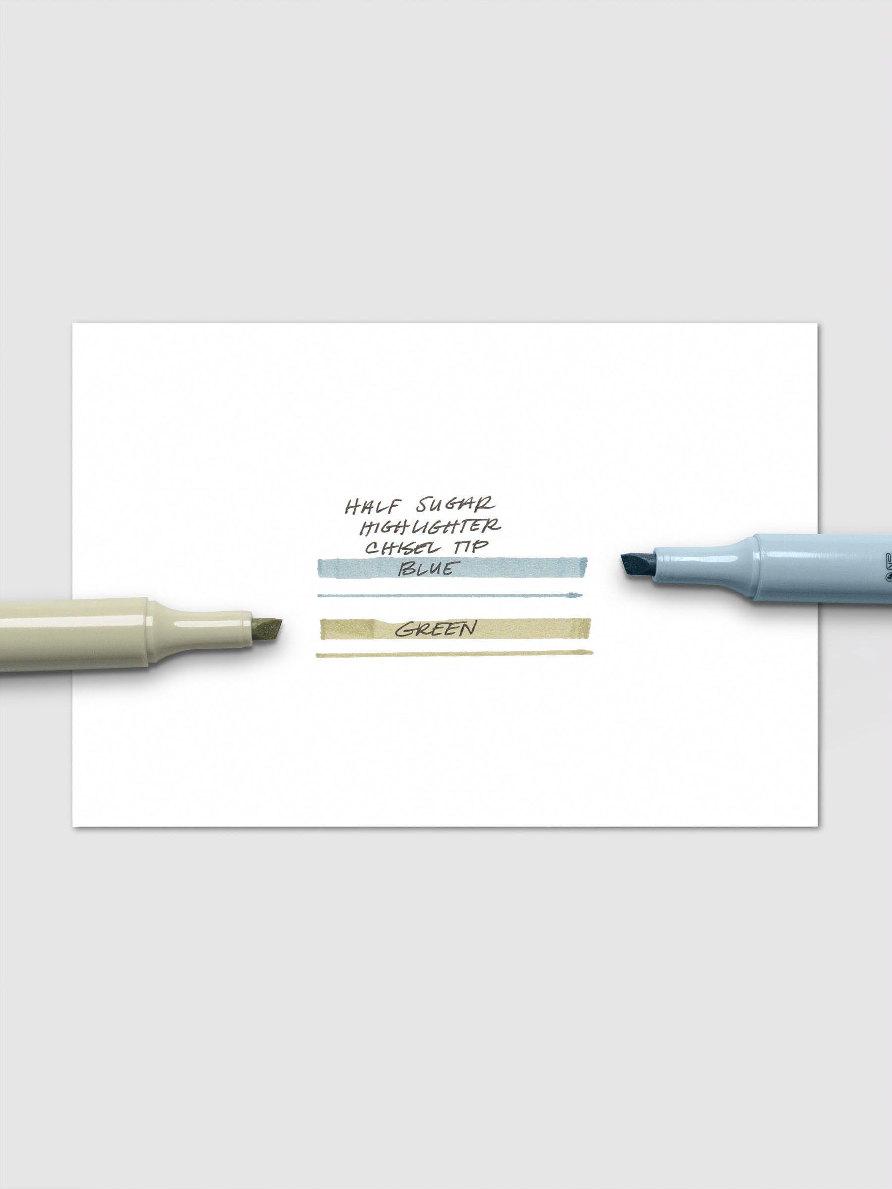 Writing sample for Half Sugar Highlighters in both Green and Blue.