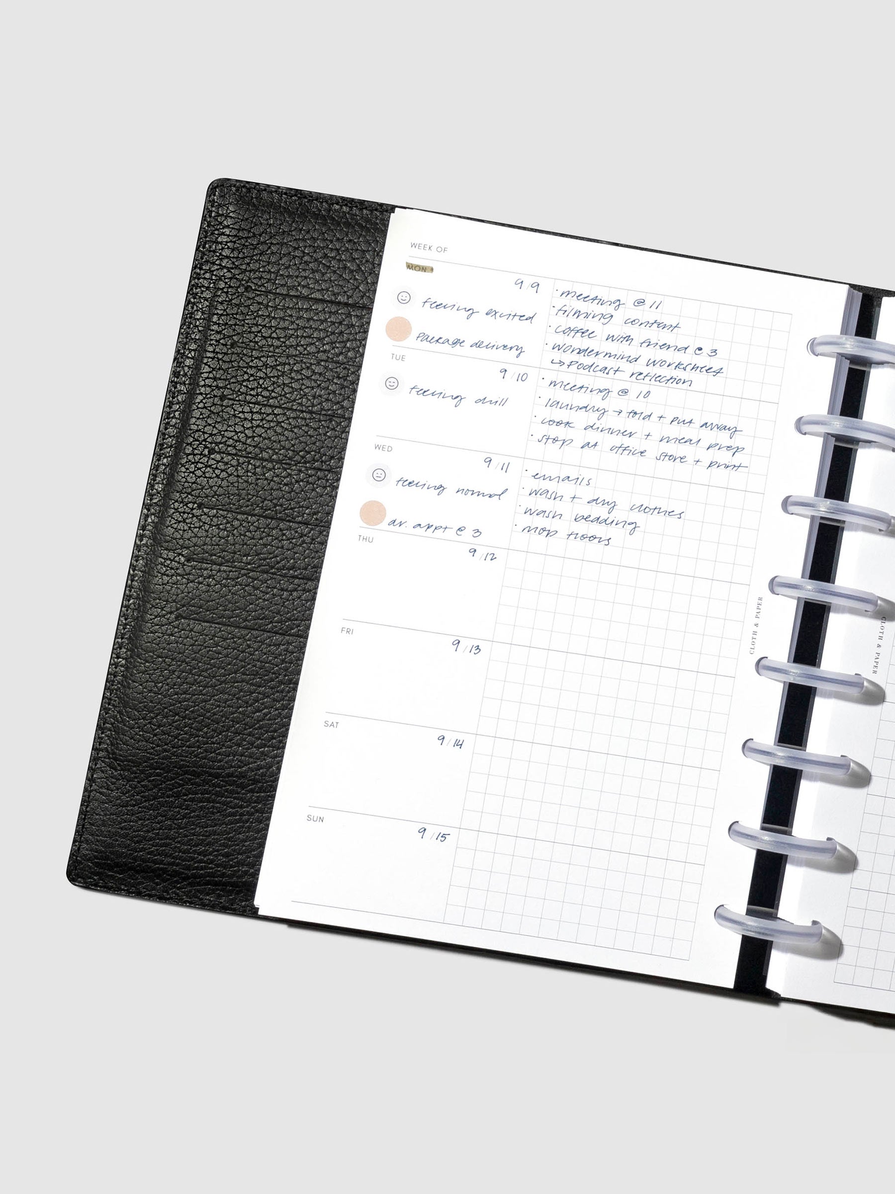 Insert in use inside a discbound planner system. Size shown is Half Letter.