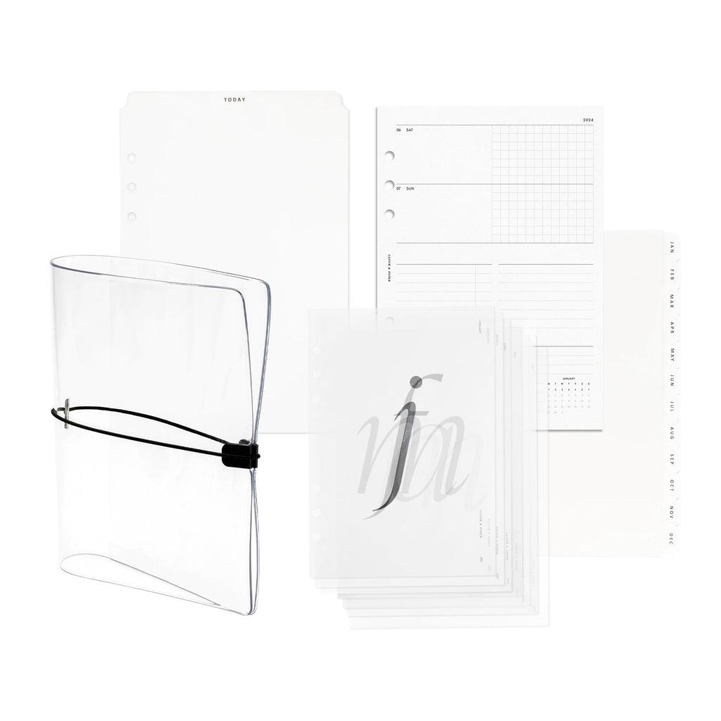 2024 Dated Planner Bundle | Horizontal Weekly, Cloth and Paper. Bundle displayed on a white background - a clear vinyl planner, today tab, 2024 Dated Horizontal Weekly Inserts, Monthly Cover Planner Dashboard Set, and Monthly Divider Tabs. Size shown is A5.