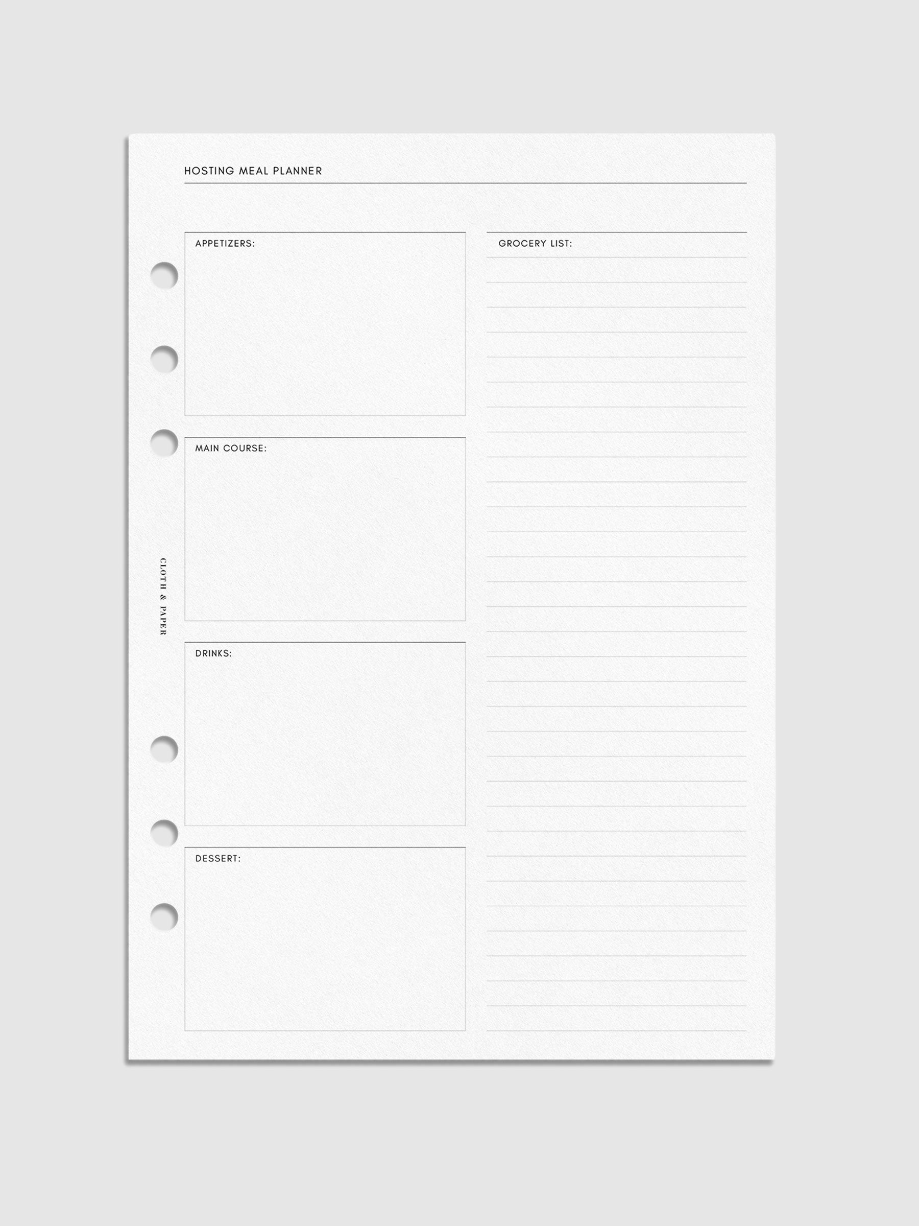 Hosting Meal Planner Insert, A5, Cloth and Paper. Digital mockup of meal planning page.