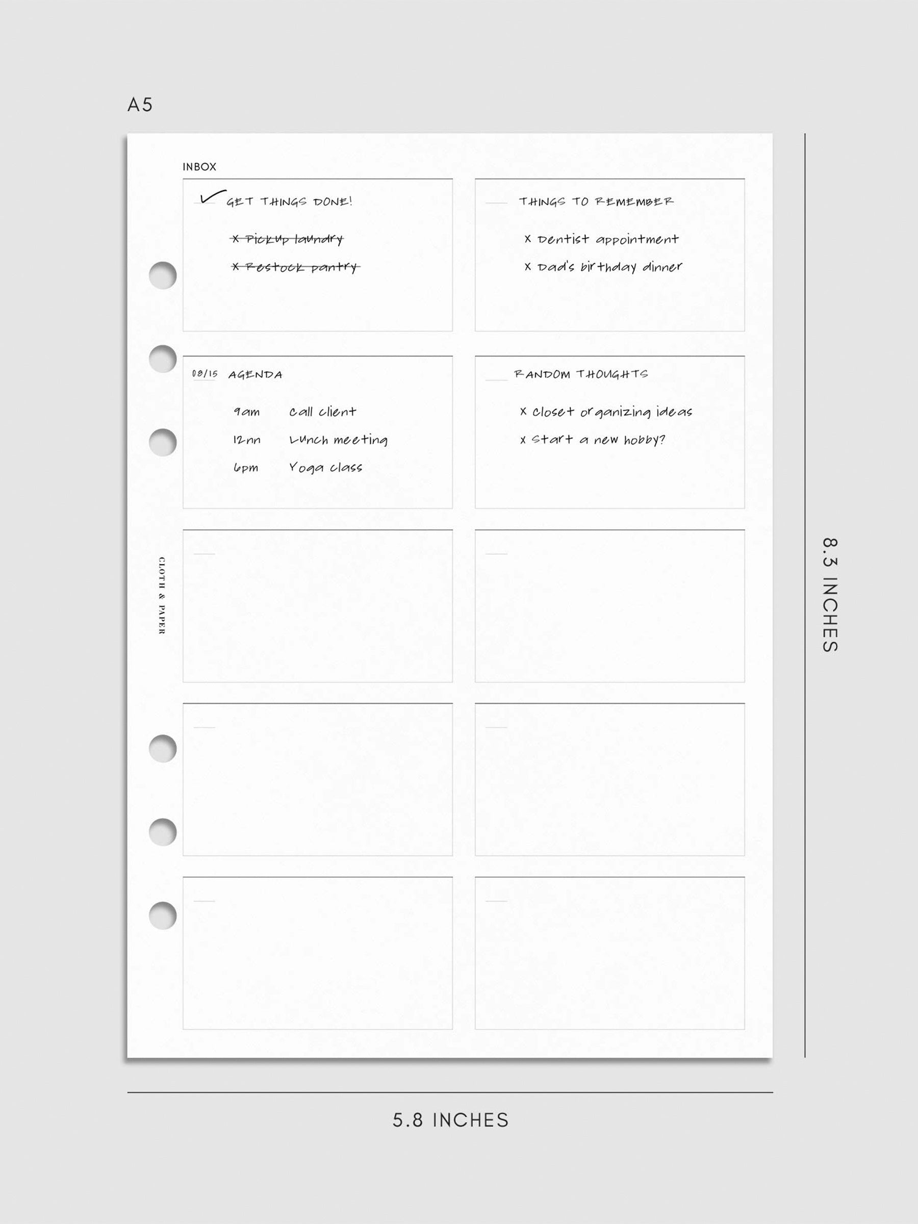 Digital mockup of insert in A5. The insert is filled out with example text.