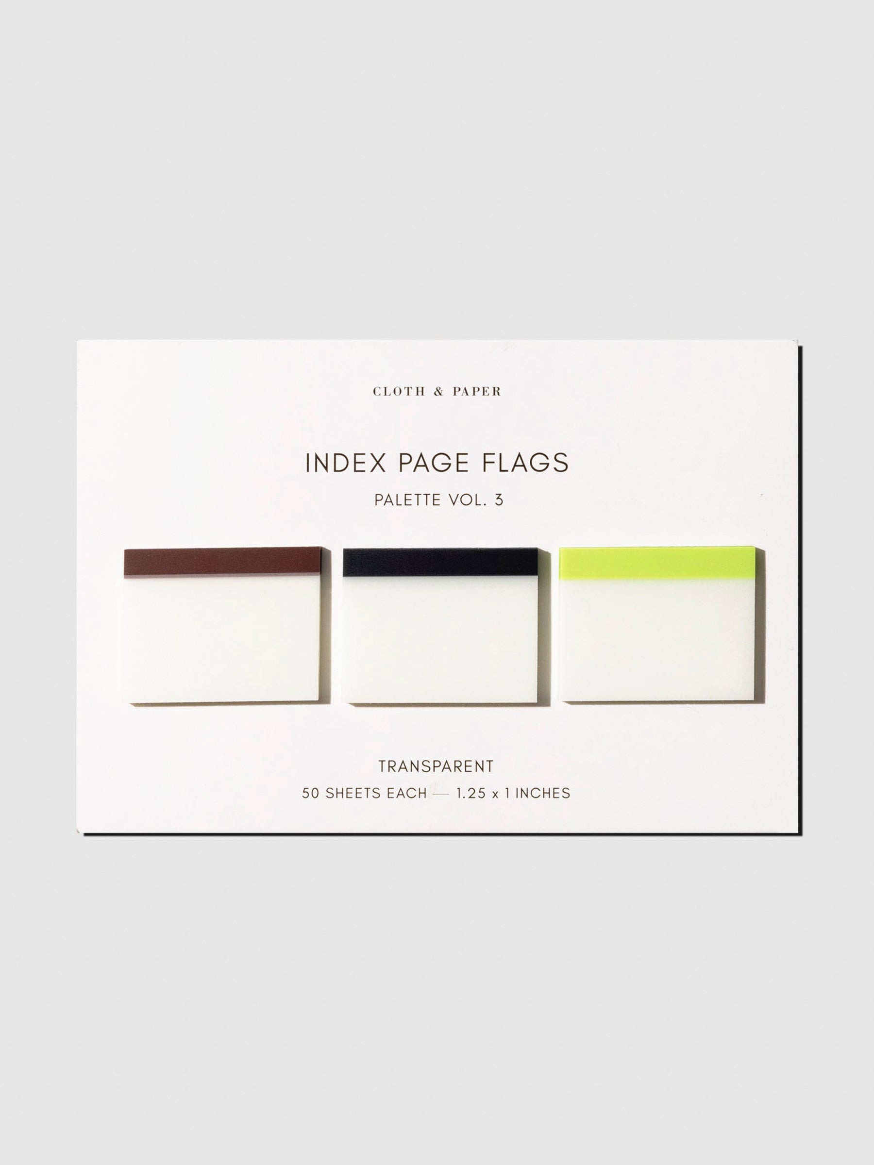 Index Page Flags, Volume 3, Cloth and Paper. Set of 3 pages flags displayed on their backing on a neutral background.