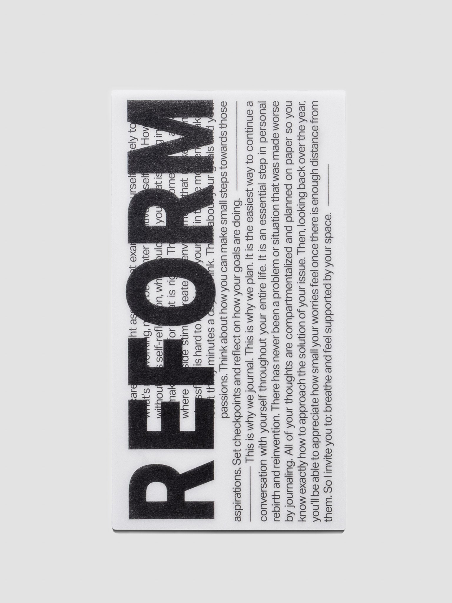 Journaling card with "Reform" in large text over small text with inspiring language to reflect on how to achieve your goals.