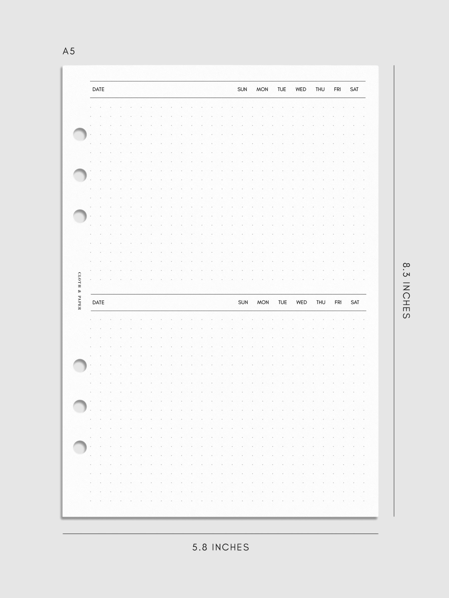 Digital mockup of insert in A5 sizing. Page shown is the dot grid journaling section.