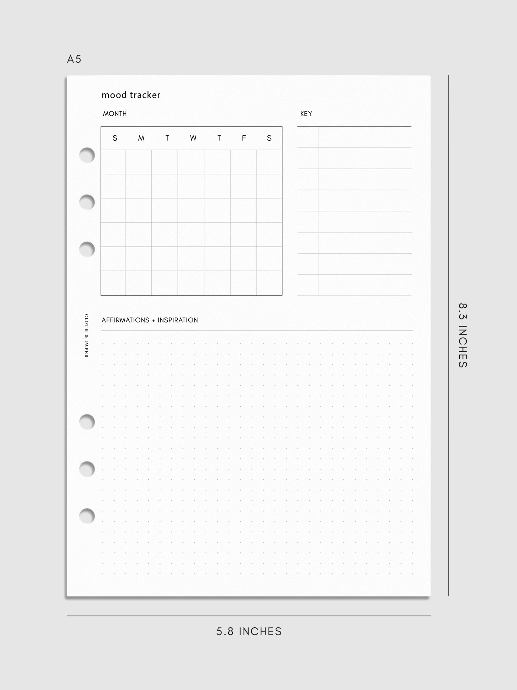 Digital mockup of insert in A5 sizing. Page pictured is the mood tracker.