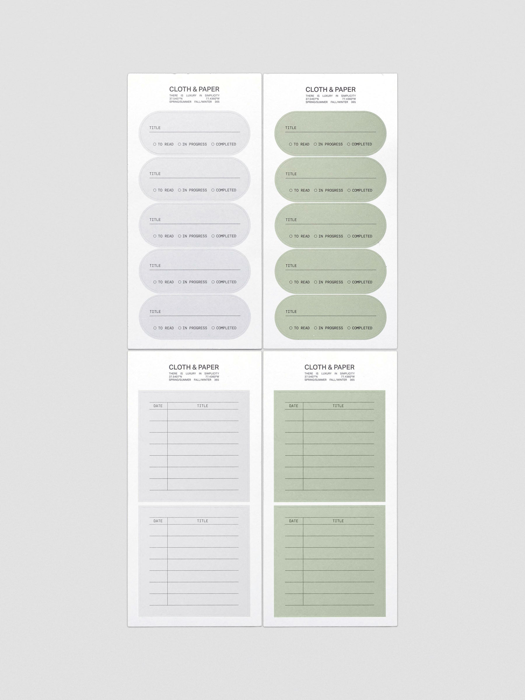 Four sheets and styles of labels for books in either grey or green. Pill shaped labels to track reading progress and square labels to log dates read.