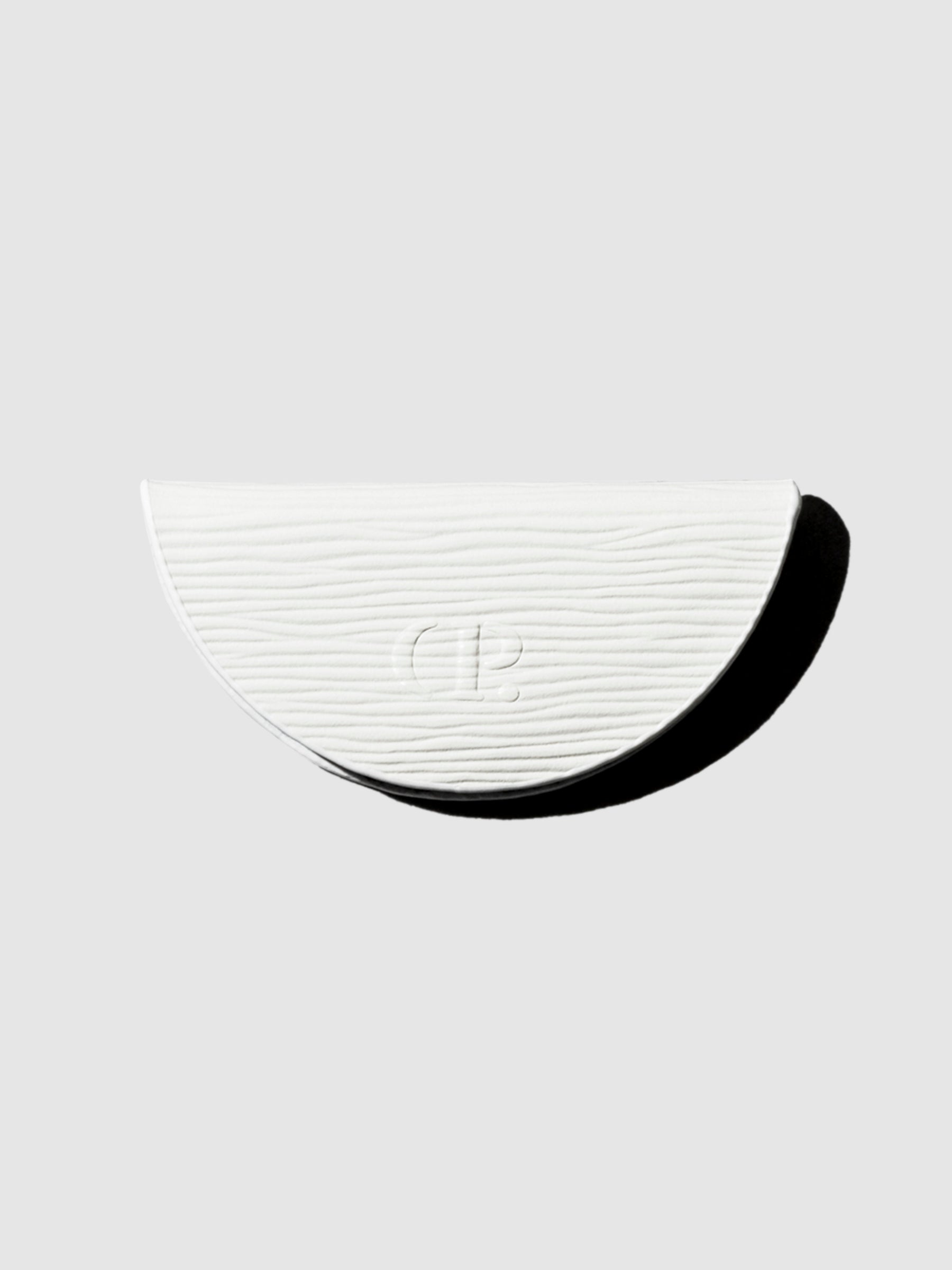 Leather eCLIPse Bookmark, Contour Leather, Cloth and Paper. White contour leather bookmark on a neutral background.