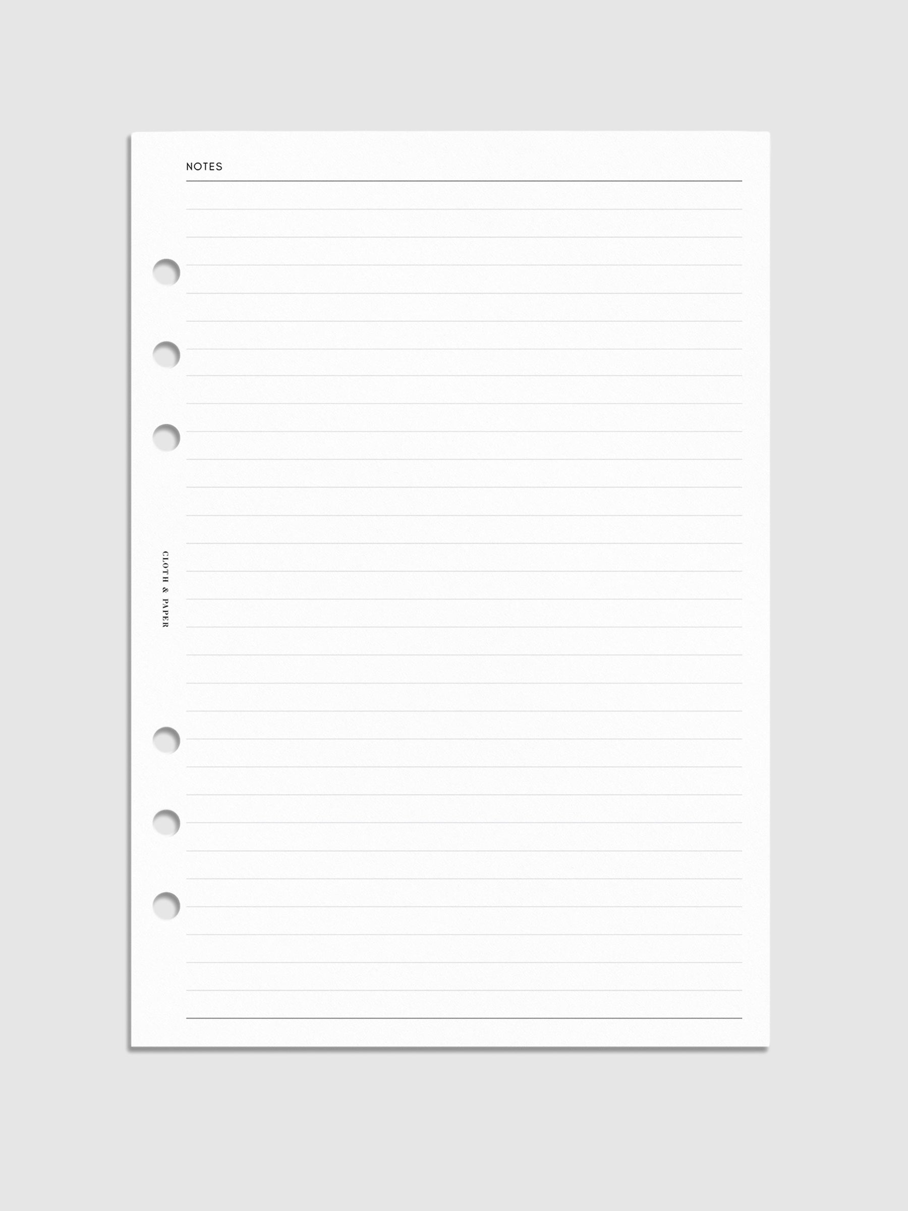 Lined Notes Planner Inserts. Digital mockup of insert in A5.