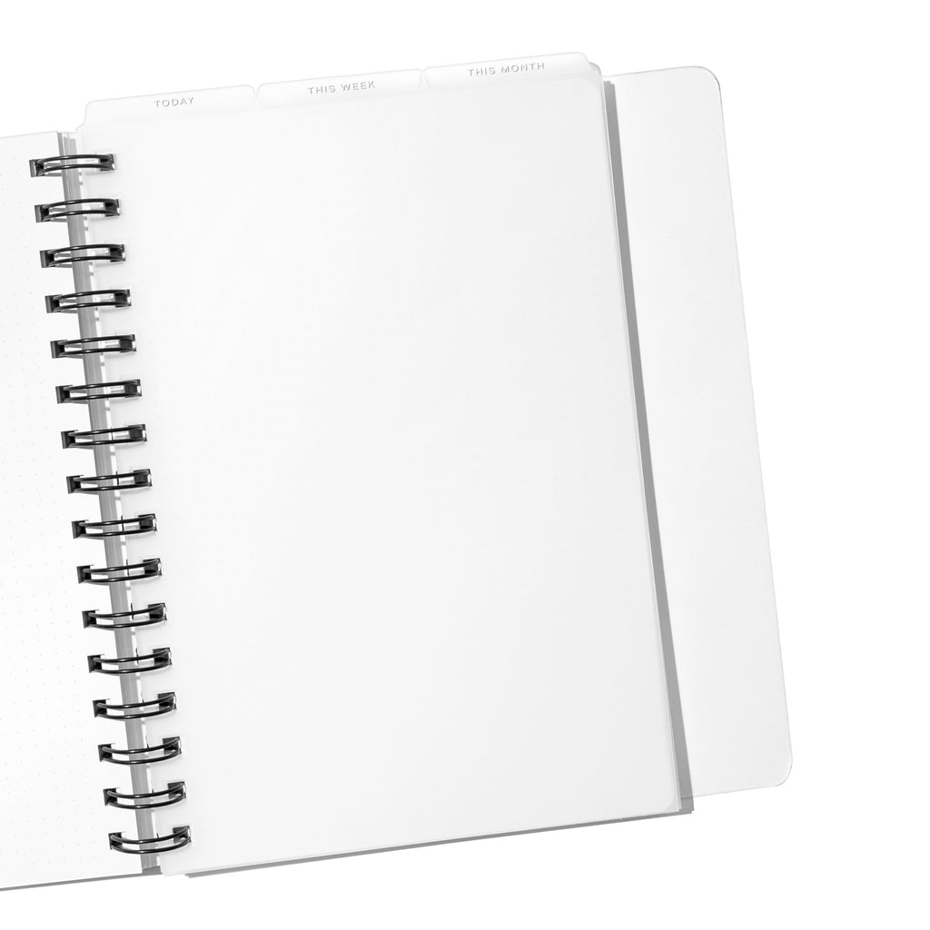 A5 Spiral White Foil Cadence Tab Dividers displayed in a spiral planner.