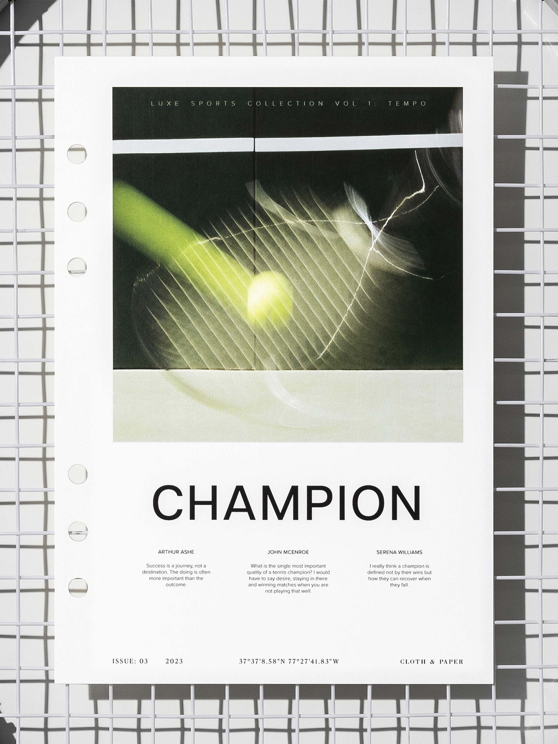 Champion dashboard displayed on a tennis racket's netting. Size shown is A5.