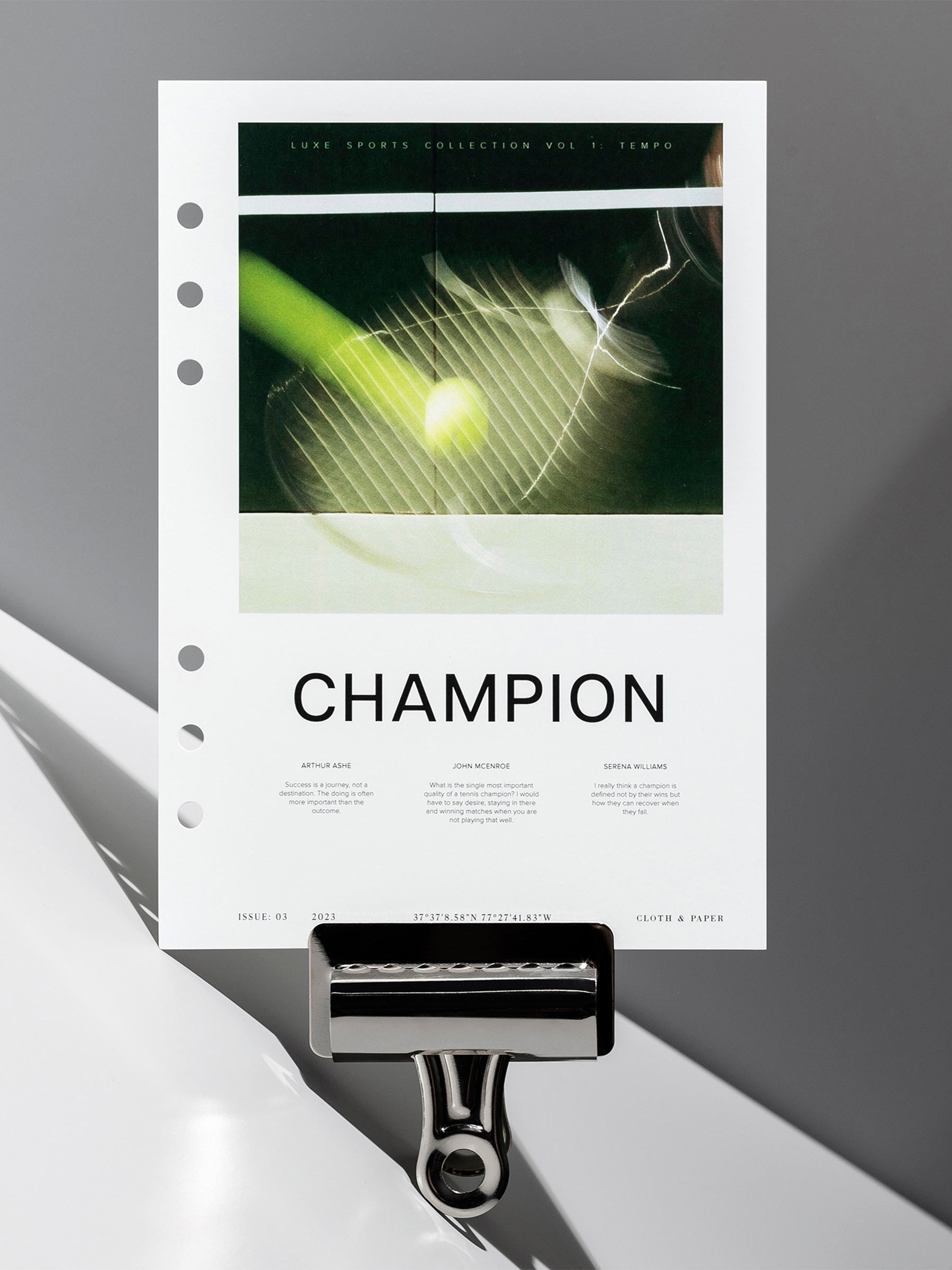 Champion dashboard displayed with a clip on a neutral gray background. Size shown is A5.