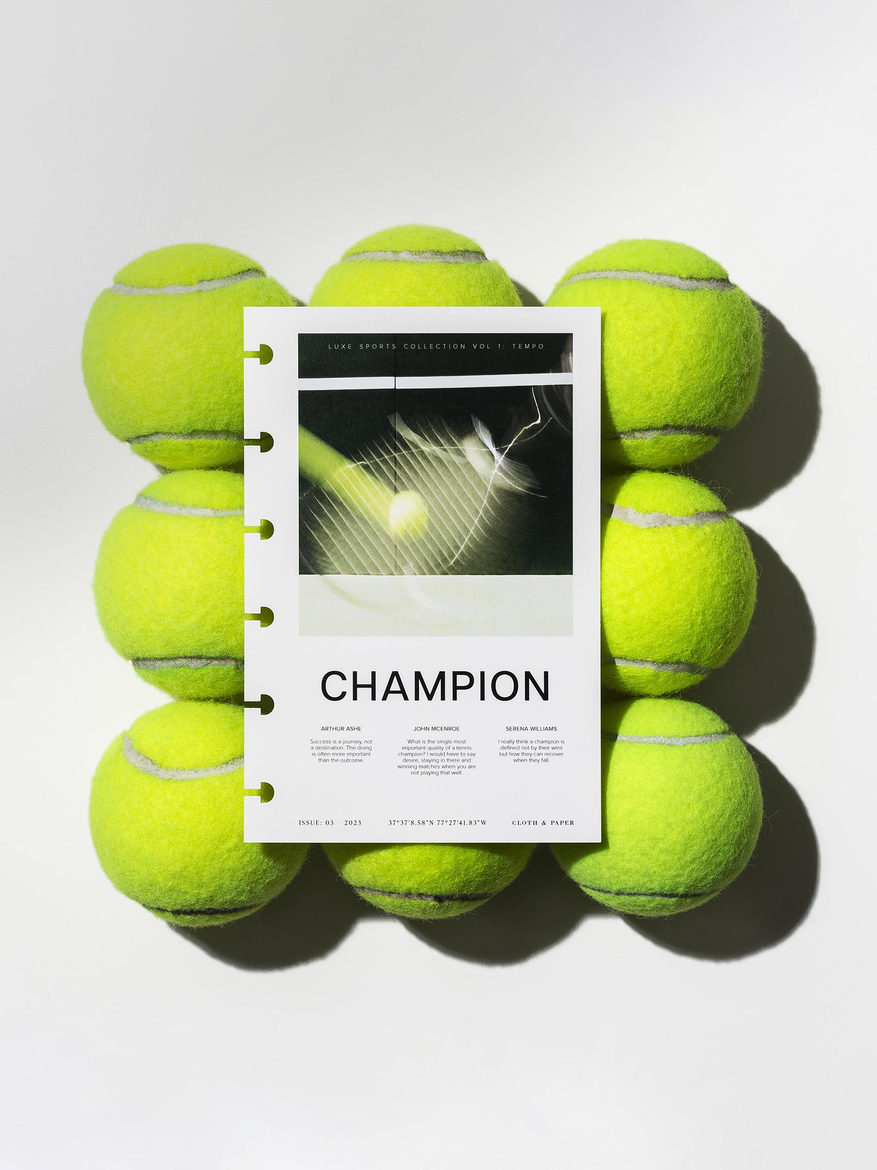 Champion dashboard displayed on top of 12 tennis balls. Size shown is CP Petite.
