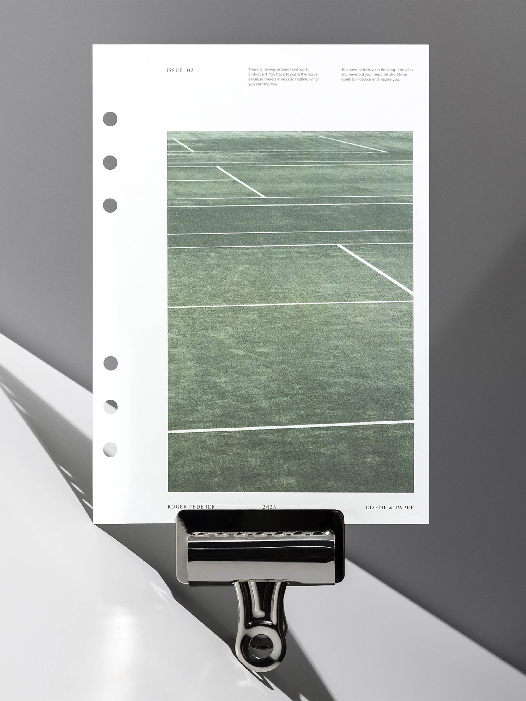 Full Court dashboard displayed with a clip on a neutral gray background. Size shown is A5.