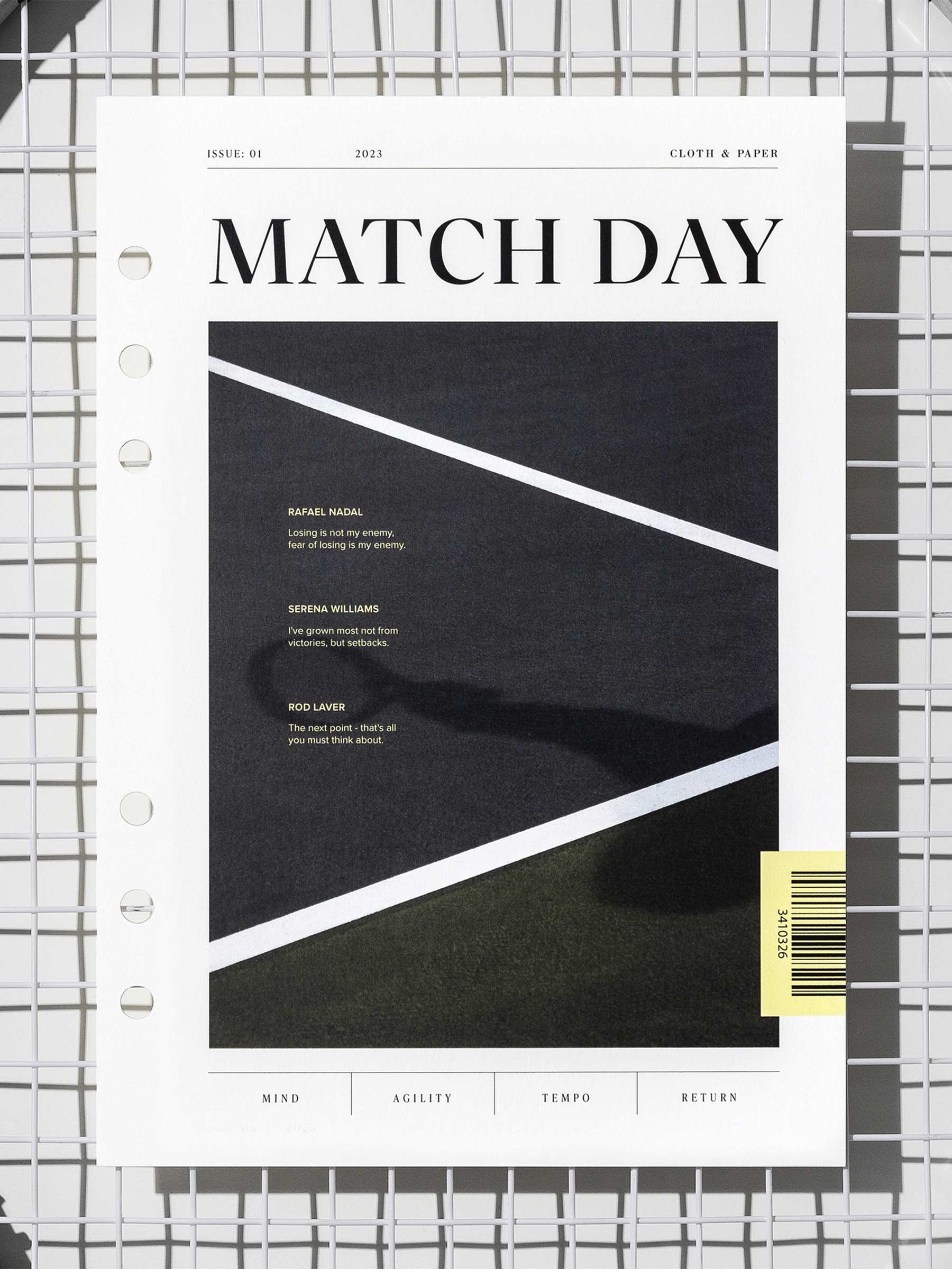 Match Day dashboard displayed on a tennis racket's netting. Size shown is A5.