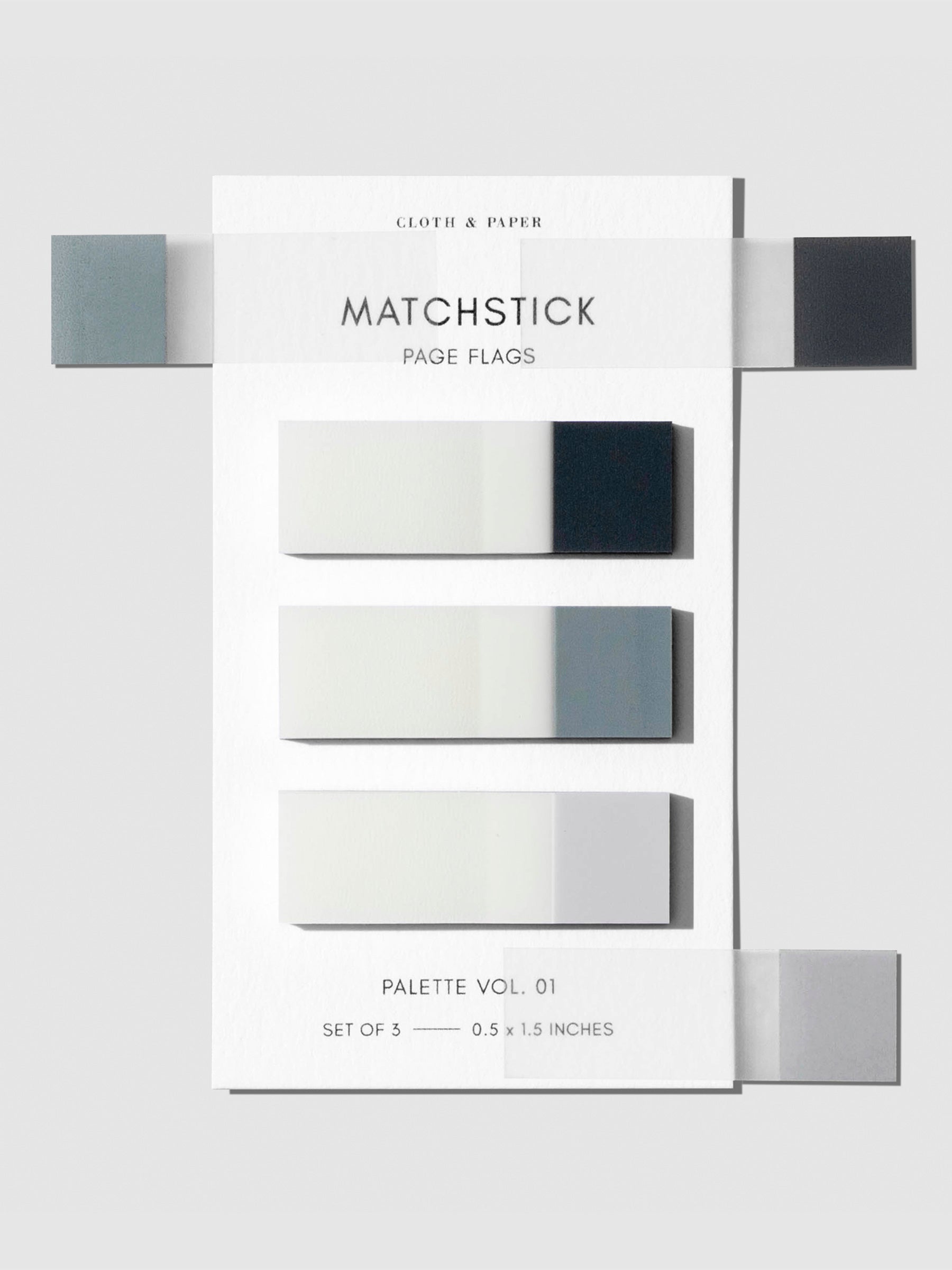 Matchstick Page Flag Set | Palette Vol. 01 | Lagoon, Mykonos + Aspen | Cloth and Paper. Page flags on their backing with one page flag of each color stuck to the right side of the backing.