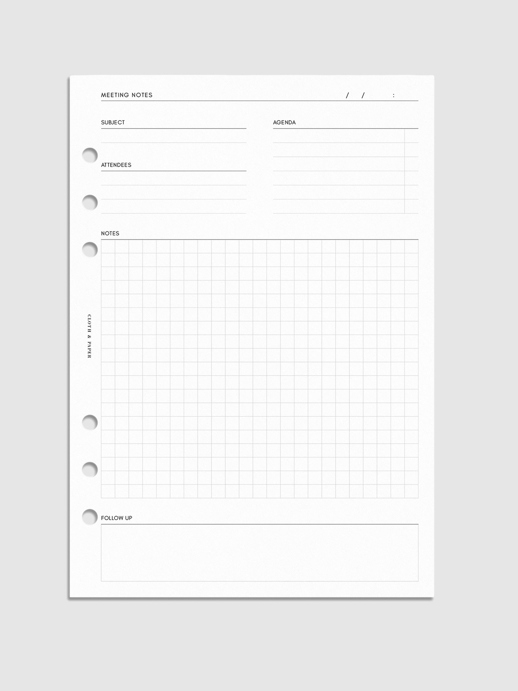 Meeting Notes Planner Inserts, Cloth and Paper. Digital mockup of inserts in A5.