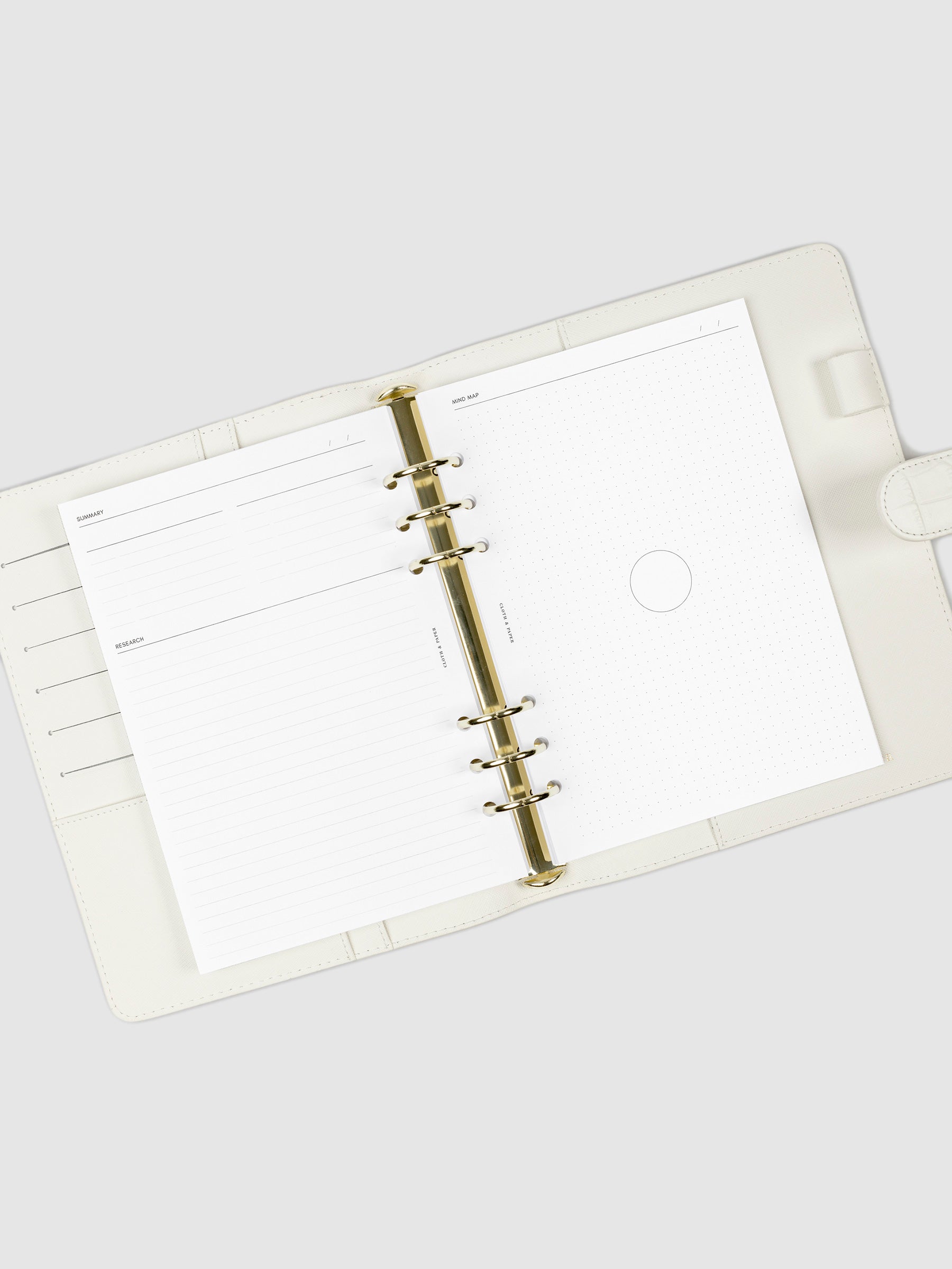 Insert spread in use inside of a white 6-ring agenda.