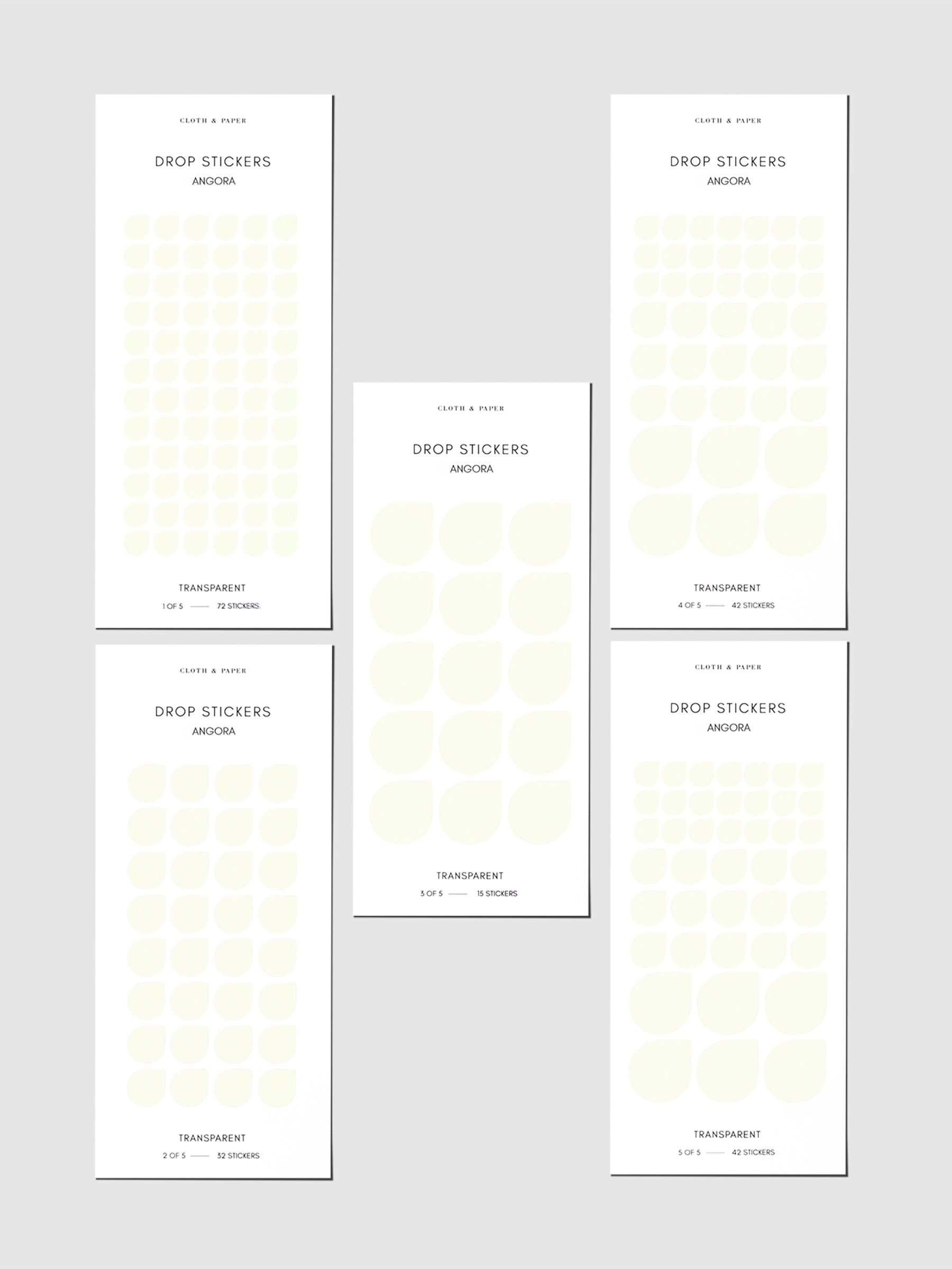 Minimal Shape Sticker Set, Angora, Cloth and Paper. Set of five sticker sheets shown on a gray background. Color shown is Angora.