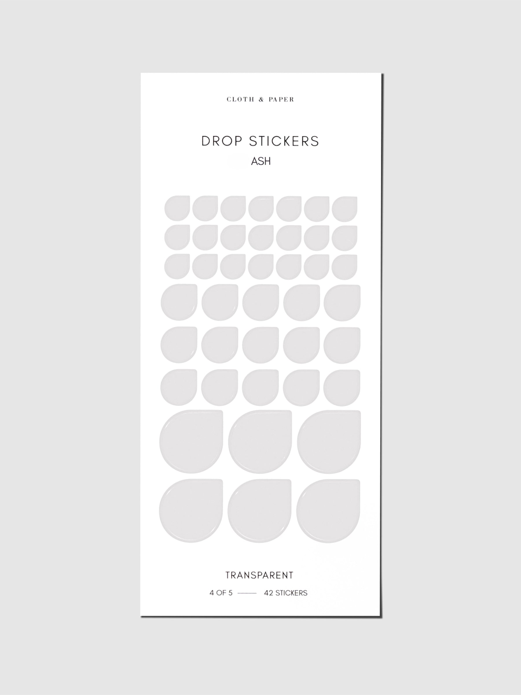 Sticker sheet displayed on a neutral background. Sticker sizes shown are mixed with small, medium, and large; color shown is Ash.