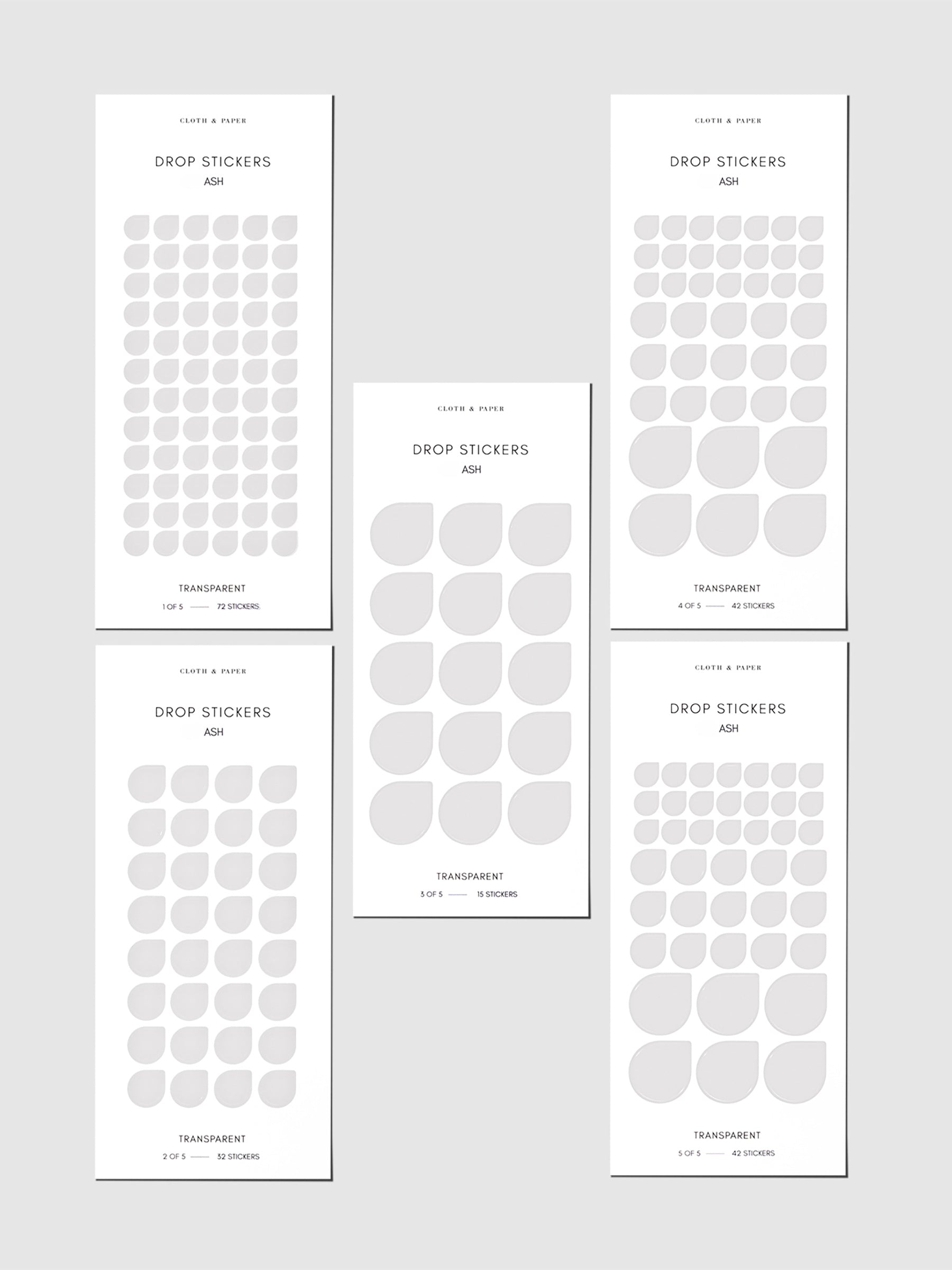 Set of five sticker sheets shown on a gray background. Color shown is Ash.