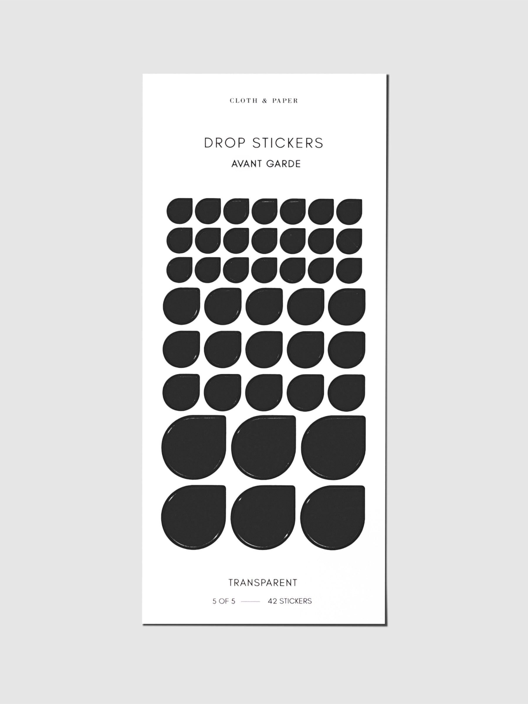 Sticker sheet displayed on a neutral background. Sticker sizes shown are mixed with small, medium, and large; color shown is Avant Garde.