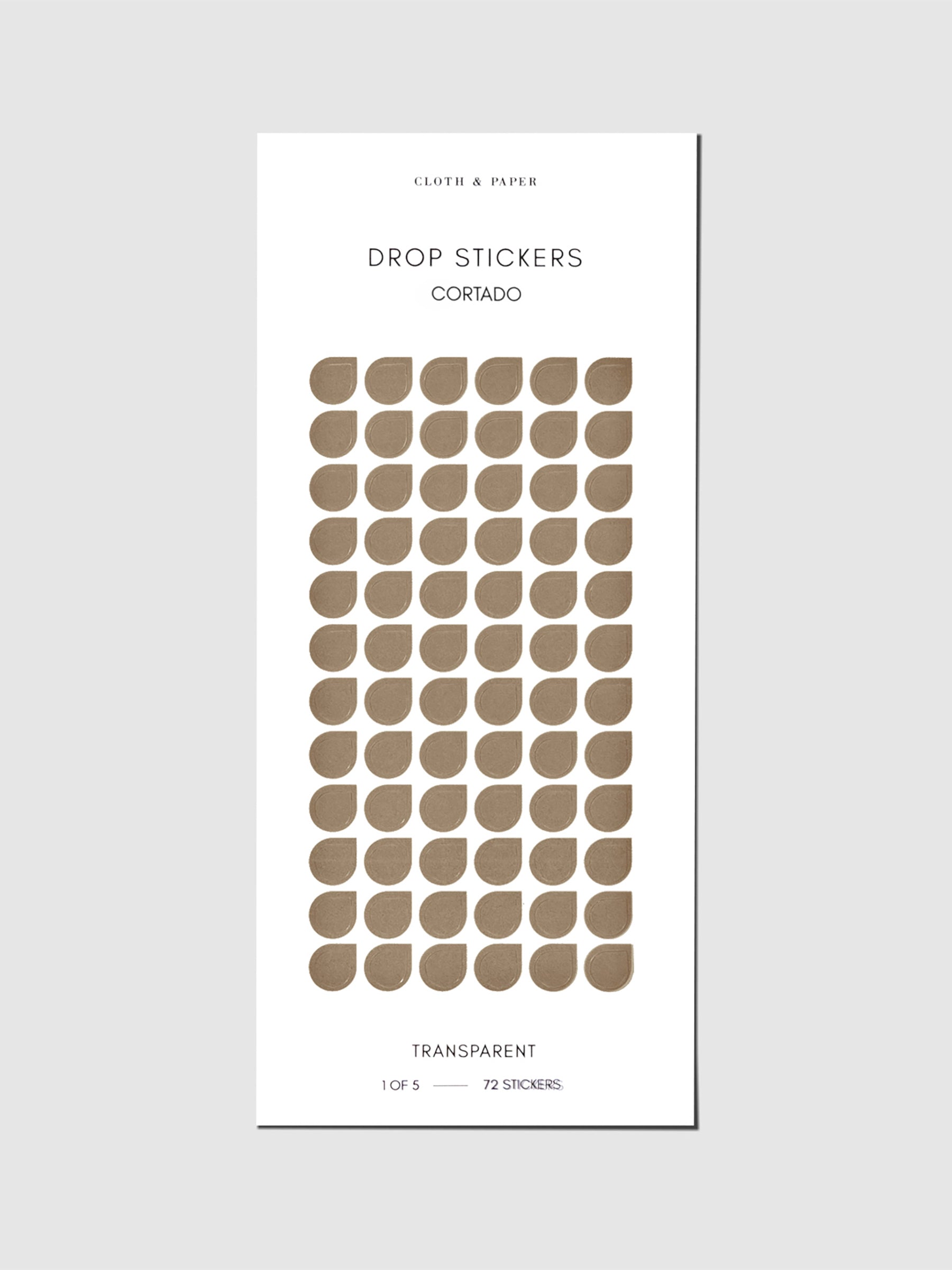 Sticker sheet displayed on a neutral background. Sticker size shown is small, color shown is Cortado.