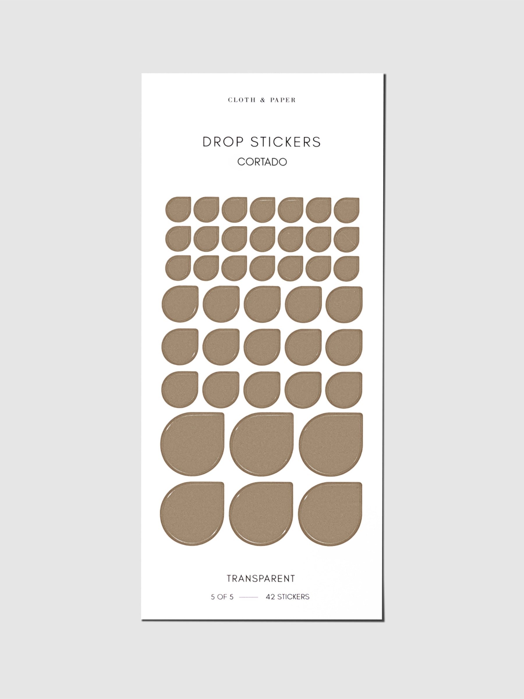 Sticker sheet displayed on a neutral background. Sticker sizes shown are mixed with small, medium, and large; color shown is Cortado.