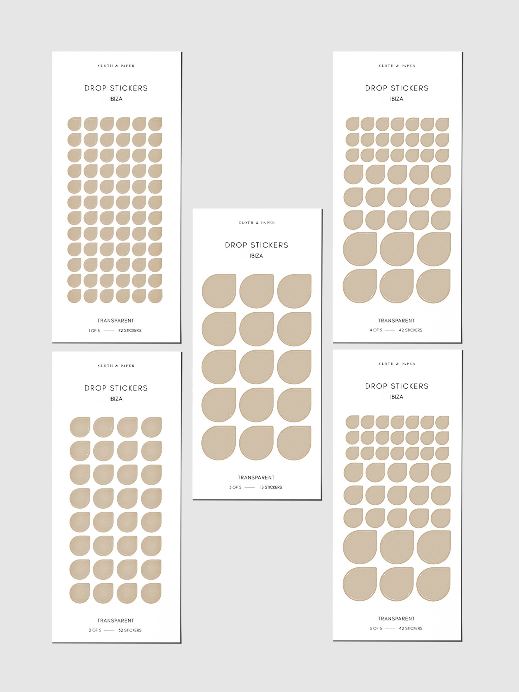 Set of five sticker sheets shown on a gray background. Color shown is Ibiza.
