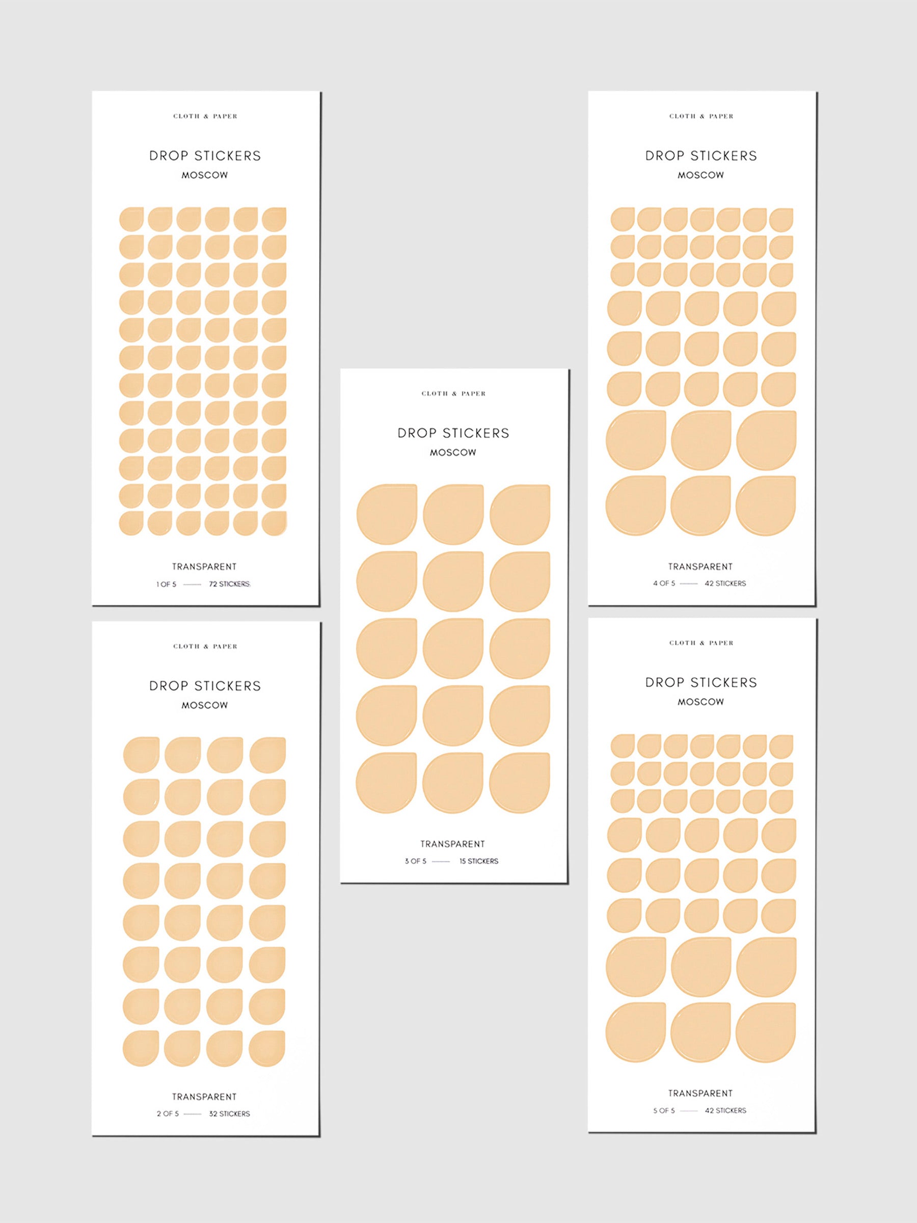 Set of five sticker sheets shown on a gray background. Color shown is Moscow.