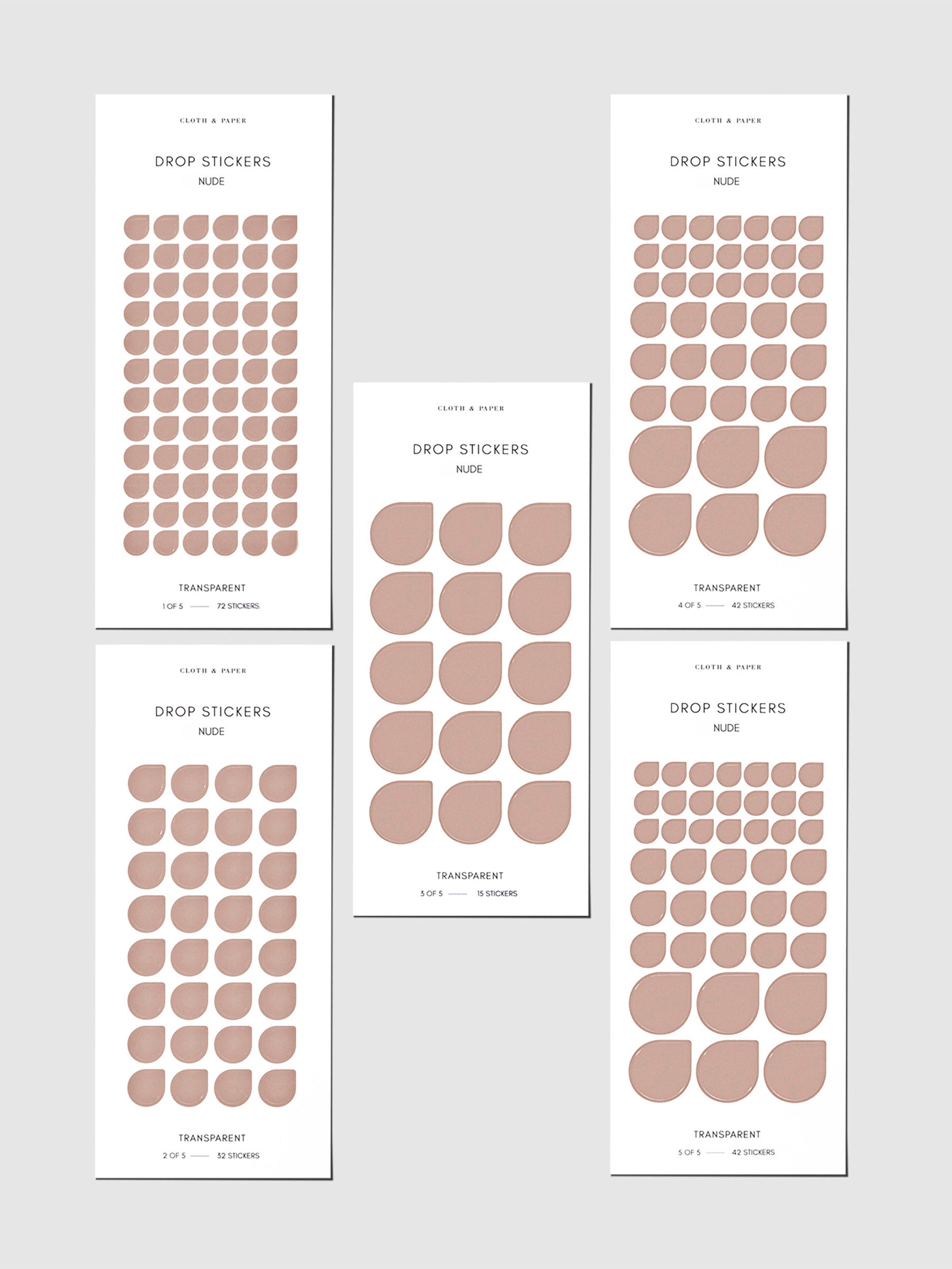 Set of five sticker sheets shown on a gray background. Color shown is Nude.