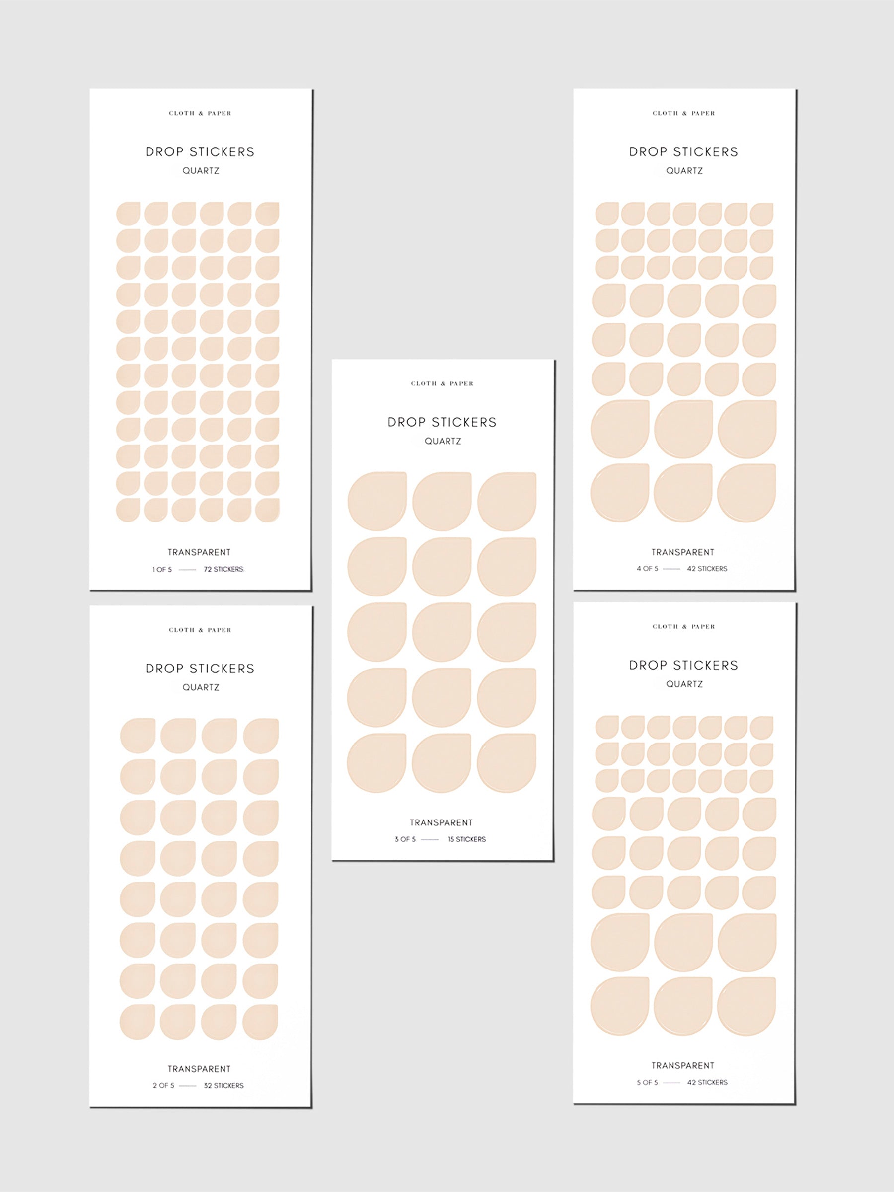 Set of five sticker sheets shown on a gray background. Color shown is Quartz.
